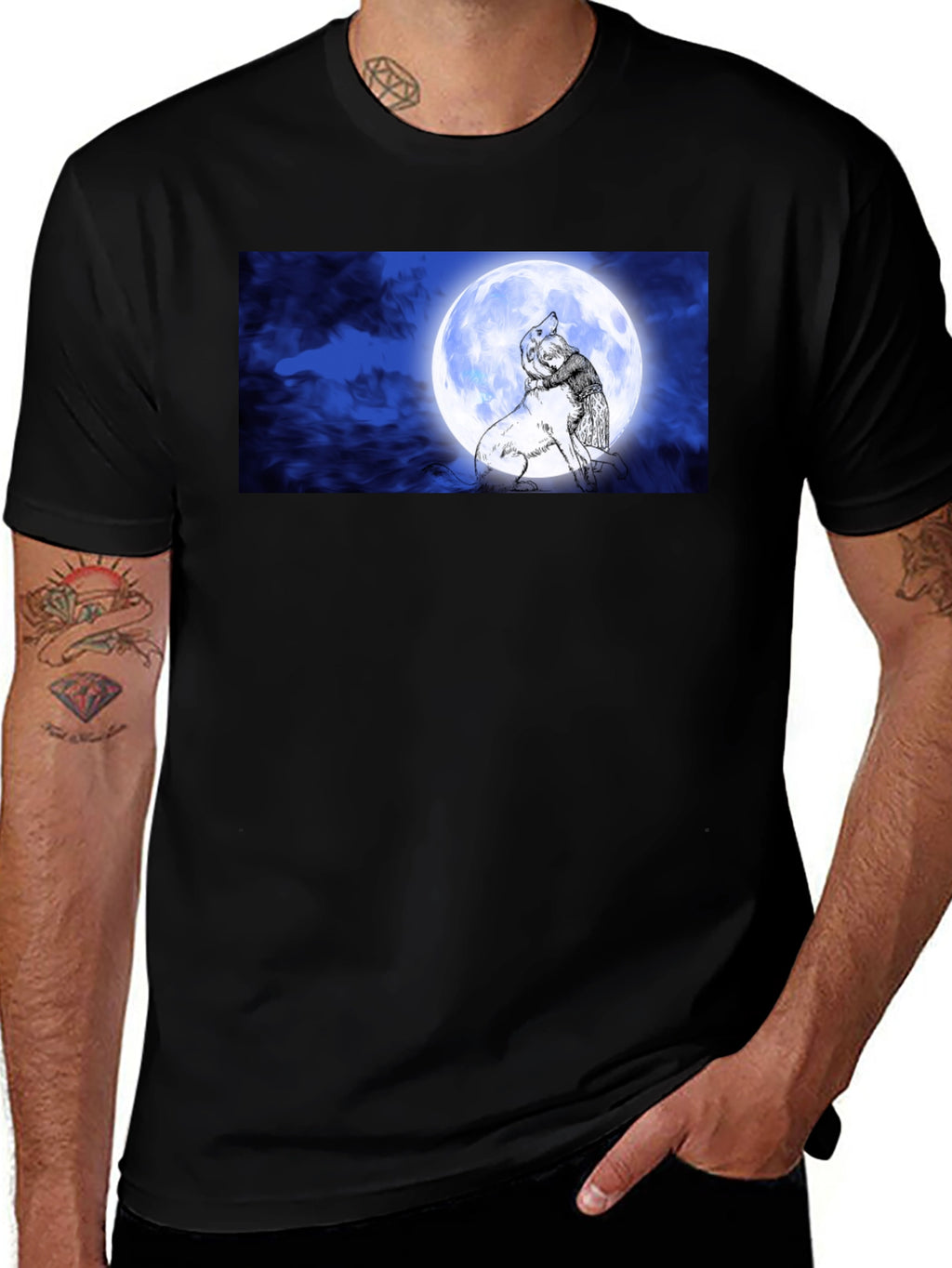 Moonlit Embrace T-Shirt: Man & Wolf Design
