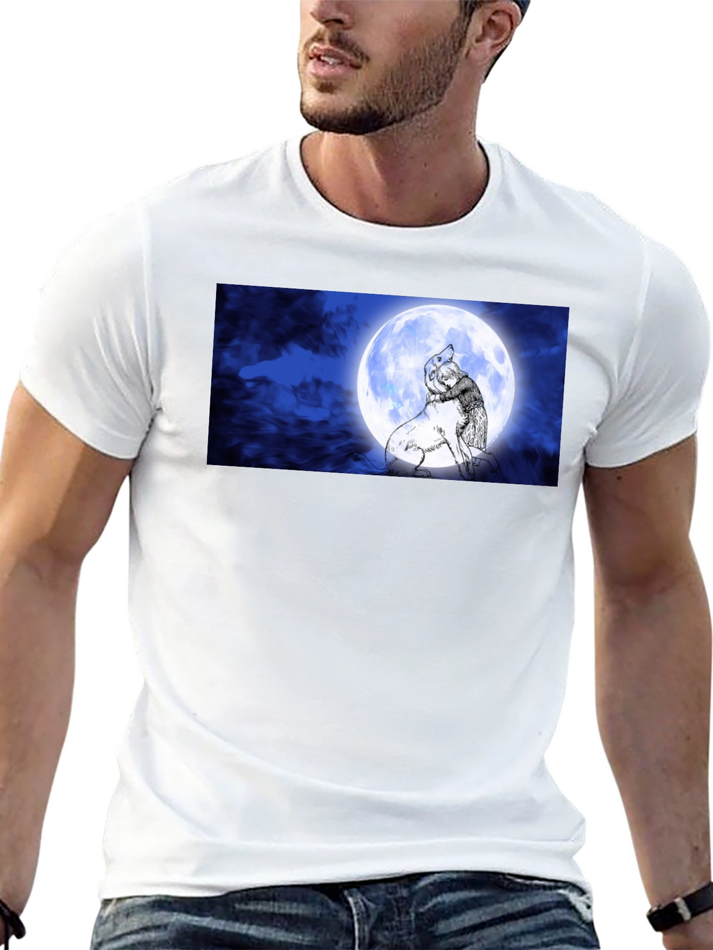 Moonlit Embrace T-Shirt: Man & Wolf Design