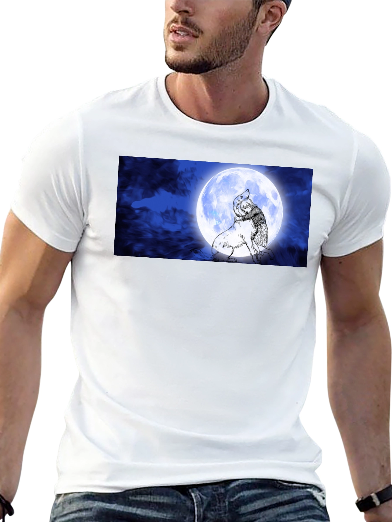 Moonlit Embrace T-Shirt: Man & Wolf Design
