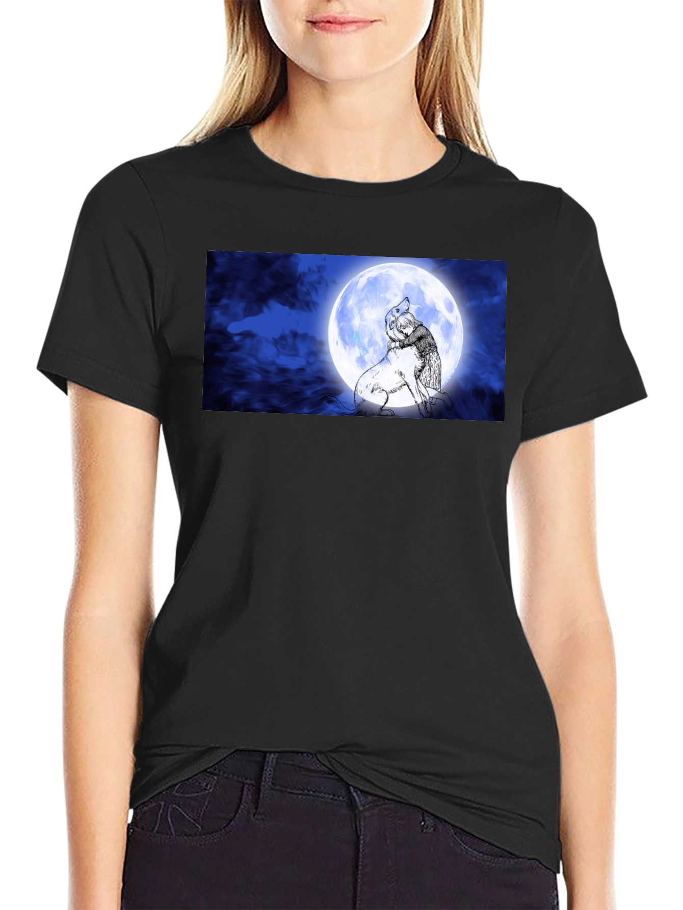 Moonlit Embrace T-Shirt: Man & Wolf Design