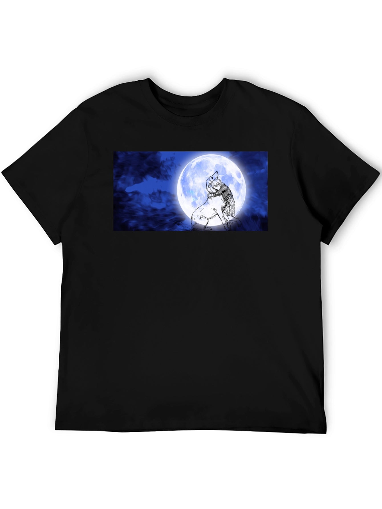 Moonlit Embrace T-Shirt: Man & Wolf Design