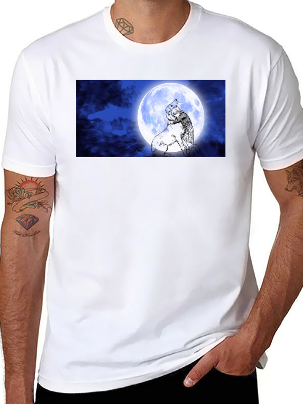 Moonlit Embrace T-Shirt: Man & Wolf Design