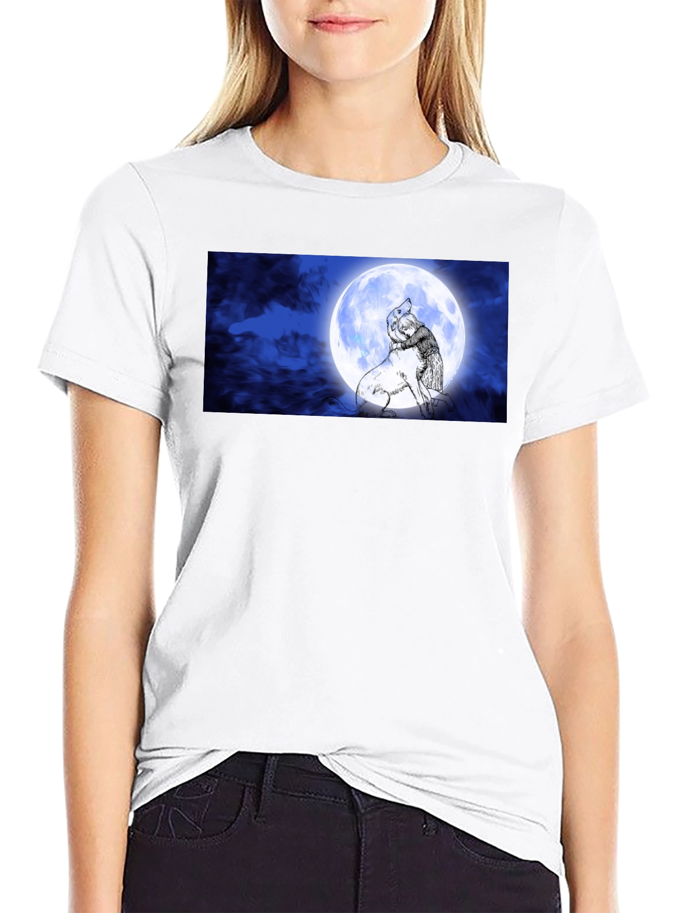 Moonlit Embrace T-Shirt: Man & Wolf Design