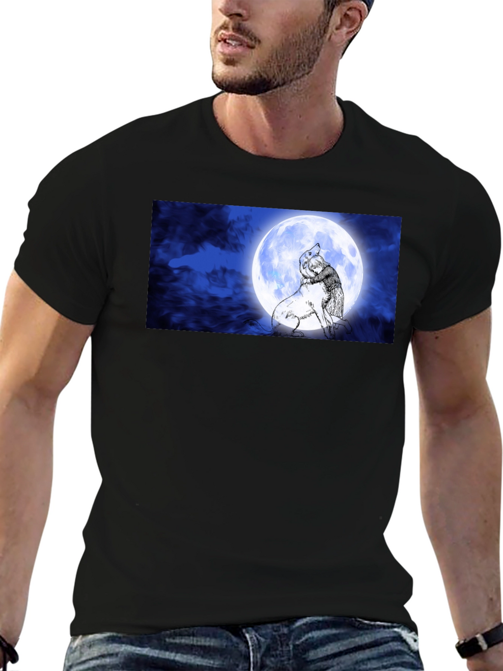 Moonlit Embrace T-Shirt: Man & Wolf Design