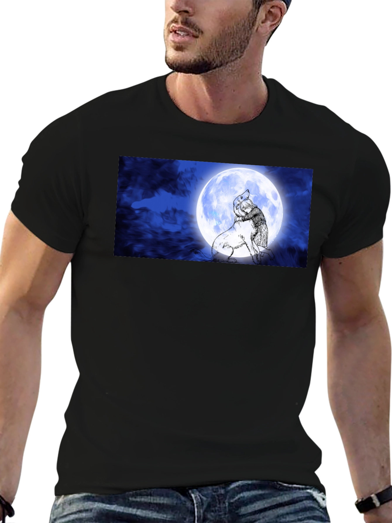 Moonlit Embrace T-Shirt: Man & Wolf Design