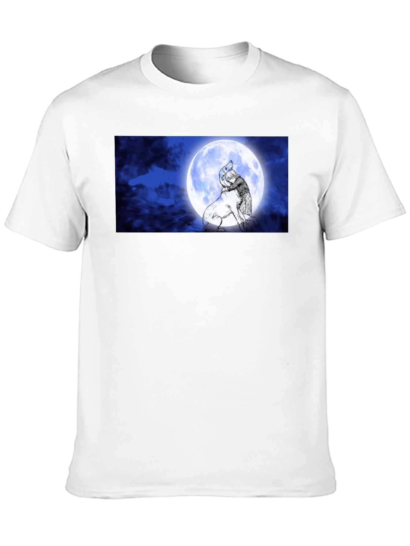 Moonlit Embrace T-Shirt: Man & Wolf Design