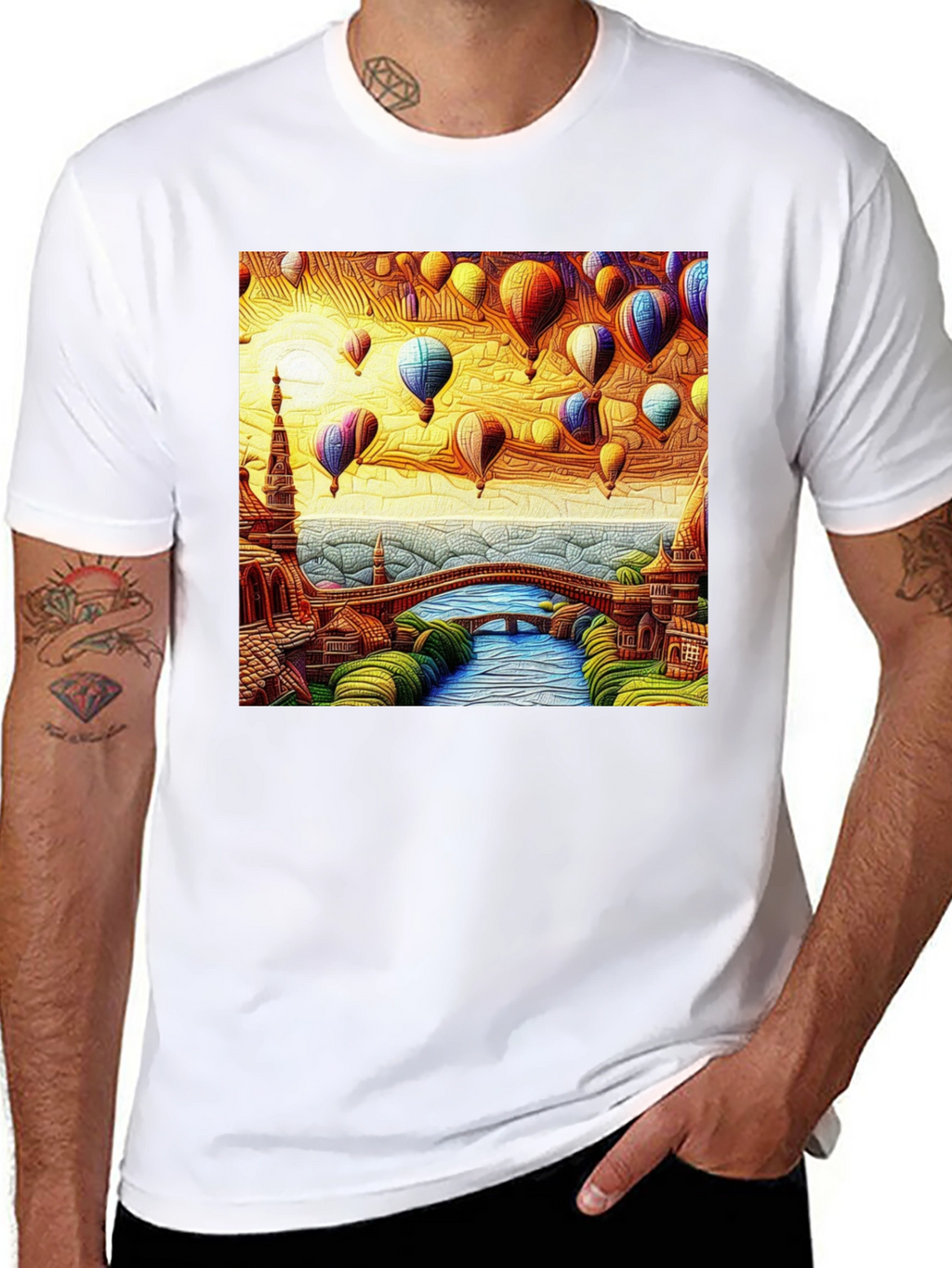 Artistic Hot Air Balloon Landscape Black Tee