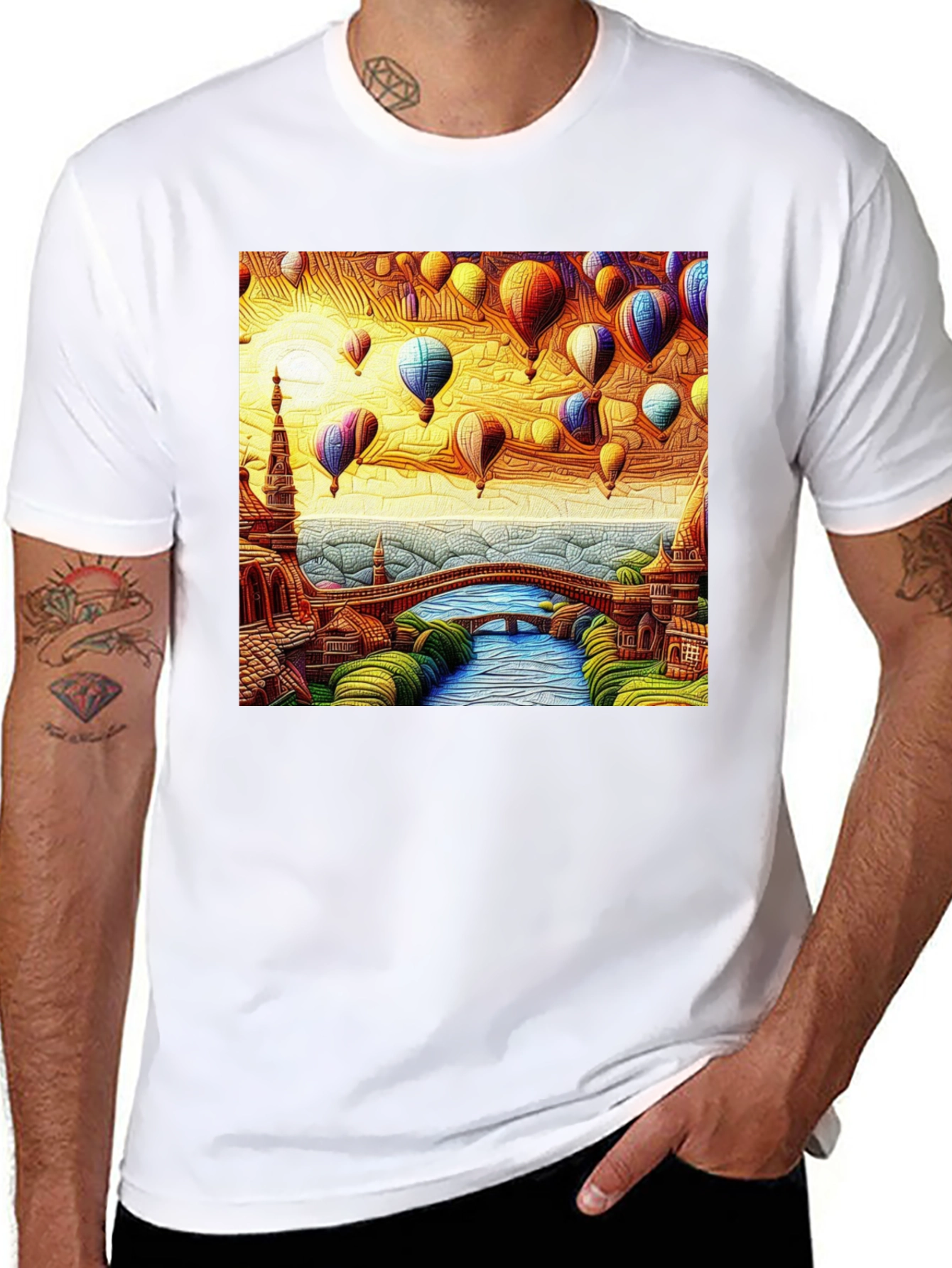 Artistic Hot Air Balloon Landscape Black Tee