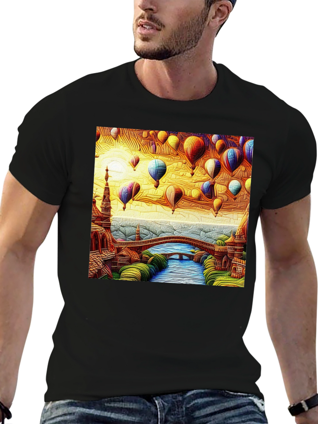 Artistic Hot Air Balloon Landscape Black Tee