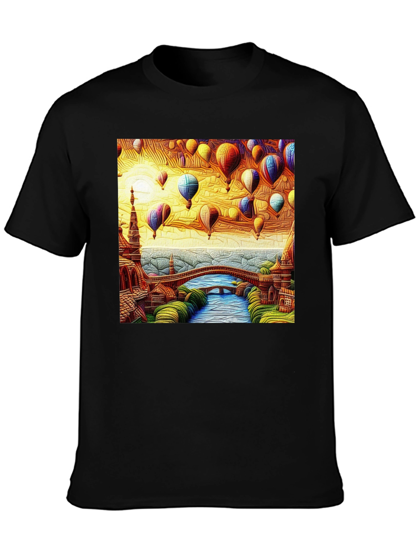 Artistic Hot Air Balloon Landscape Black Tee
