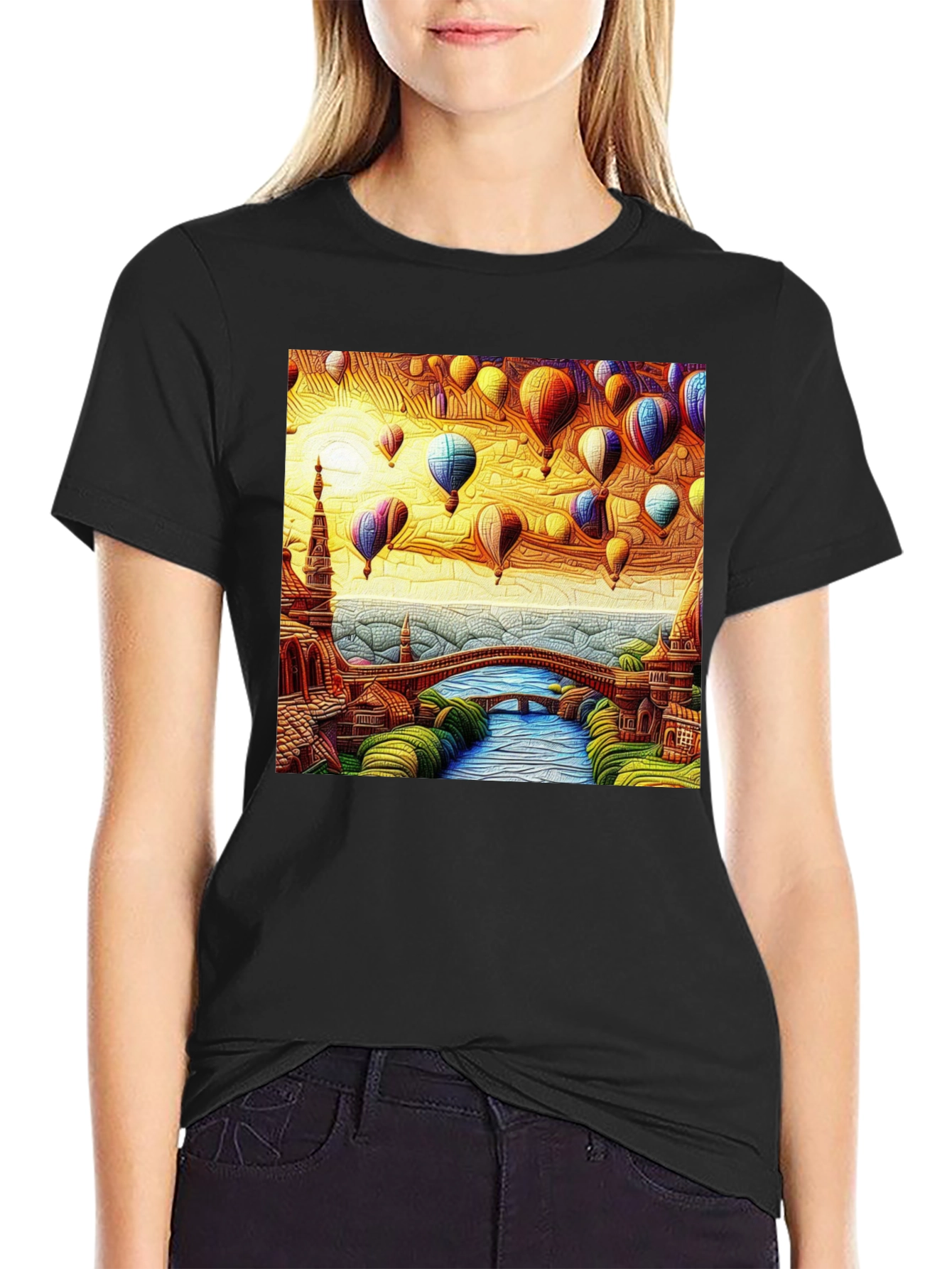 Artistic Hot Air Balloon Landscape Black Tee