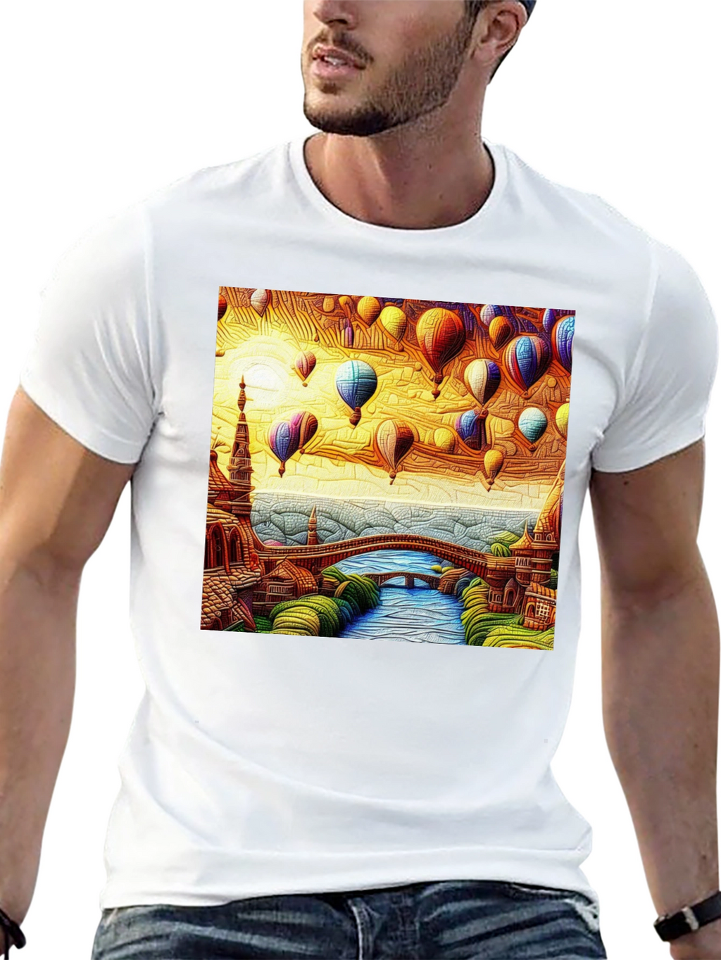 Artistic Hot Air Balloon Landscape Black Tee