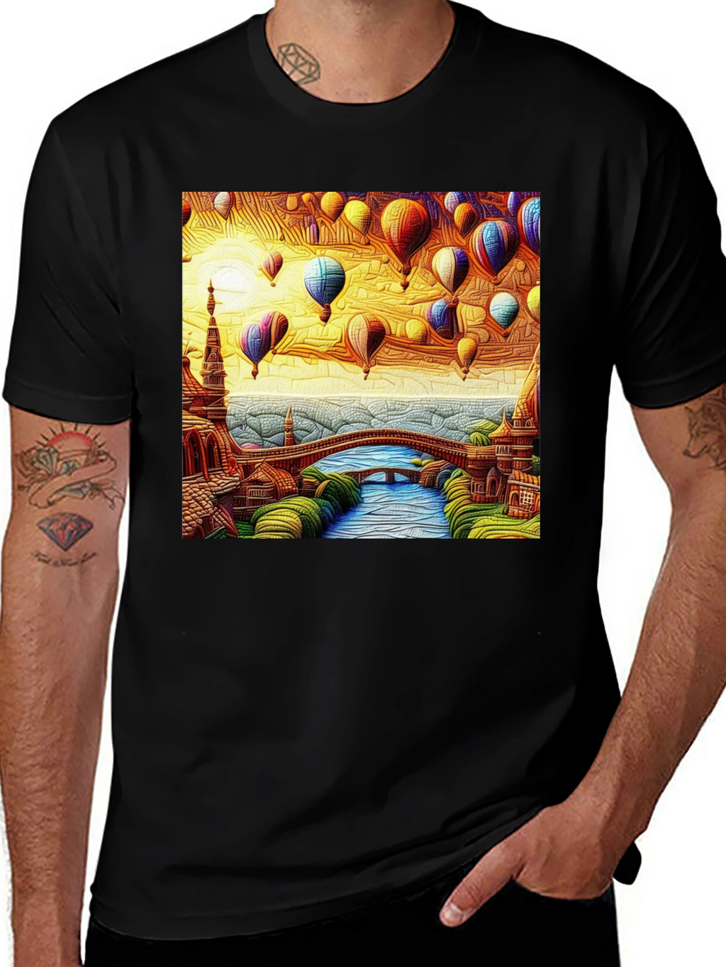 Artistic Hot Air Balloon Landscape Black Tee