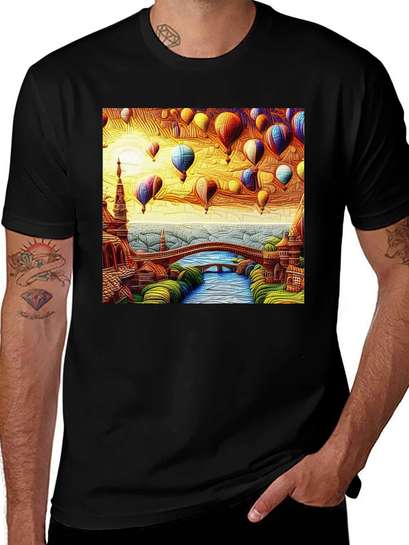 Artistic Hot Air Balloon Landscape Black Tee