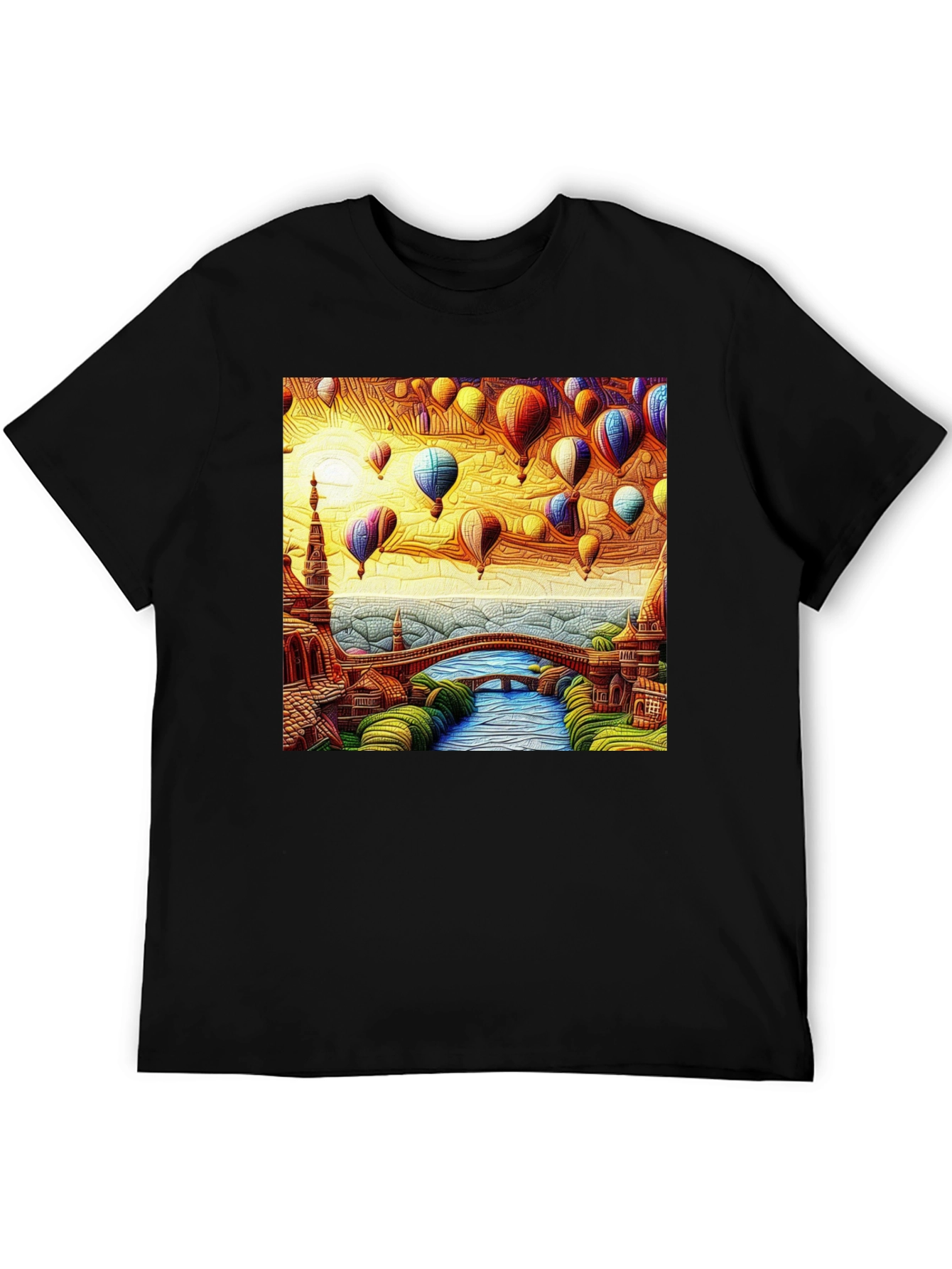 Artistic Hot Air Balloon Landscape Black Tee