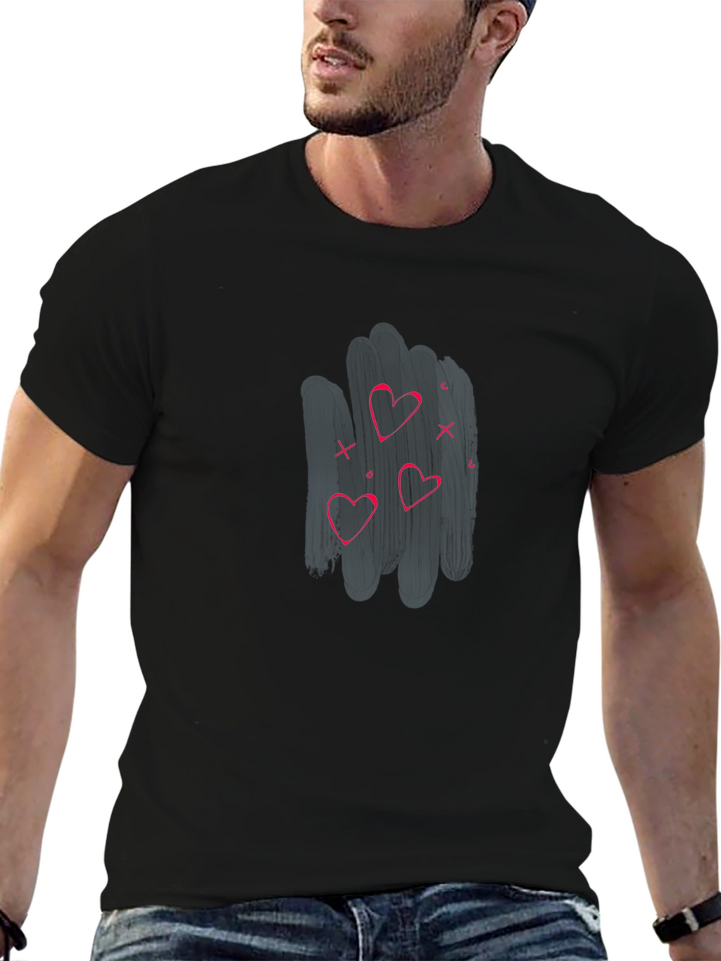 Mens Black T-shirt with Heart Graphic