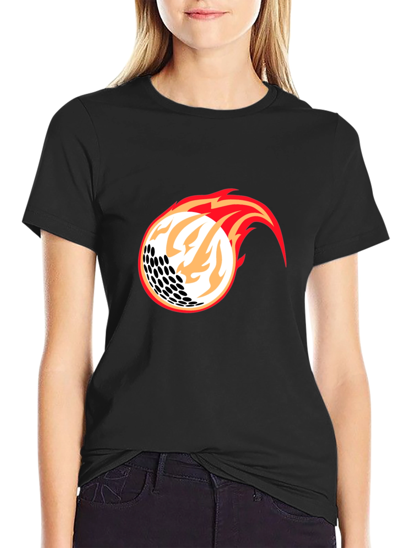 Flaming Golf Ball Graphic Tee - Black Cotton Blend