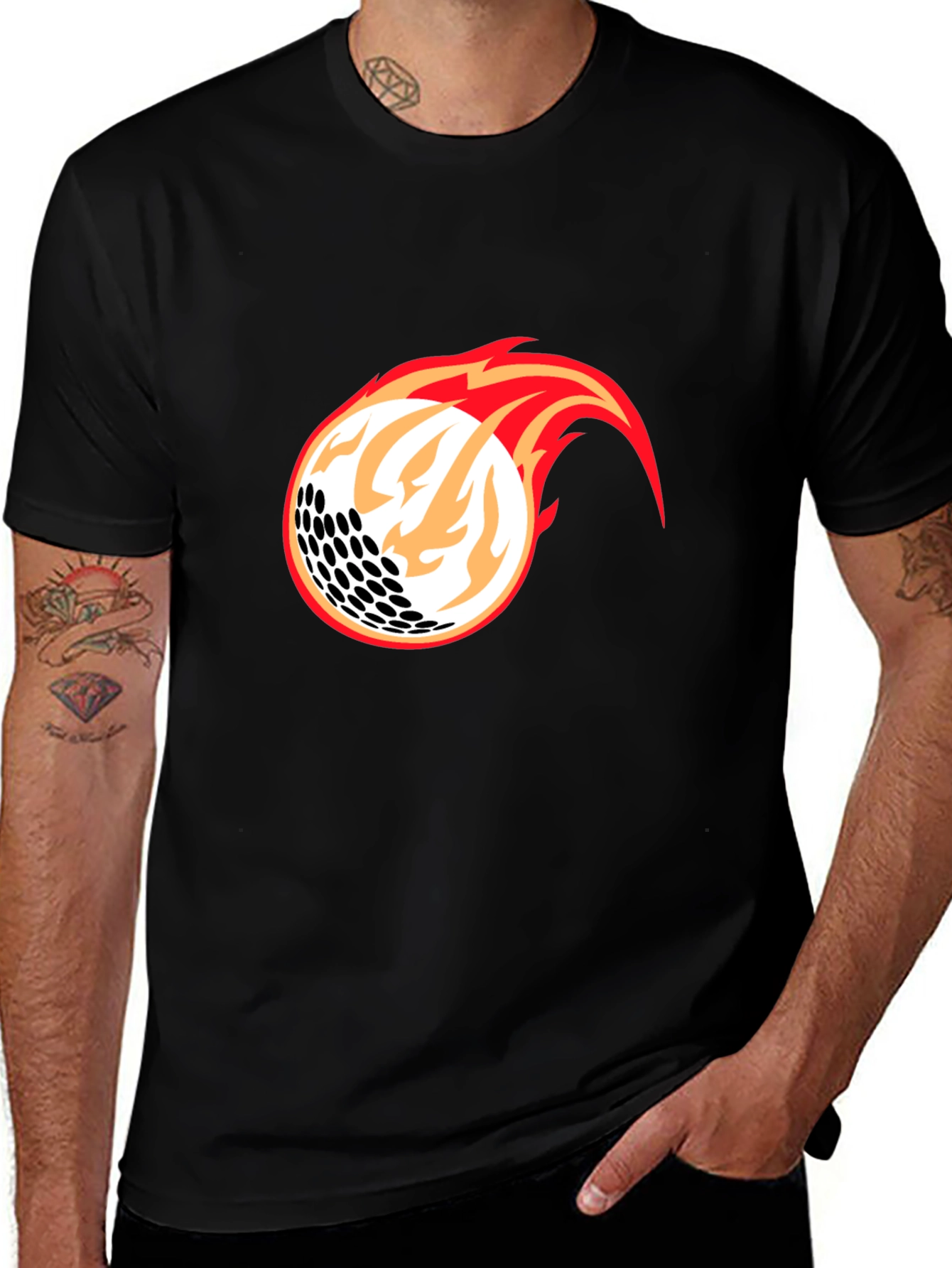 Flaming Golf Ball Graphic Tee - Black Cotton Blend
