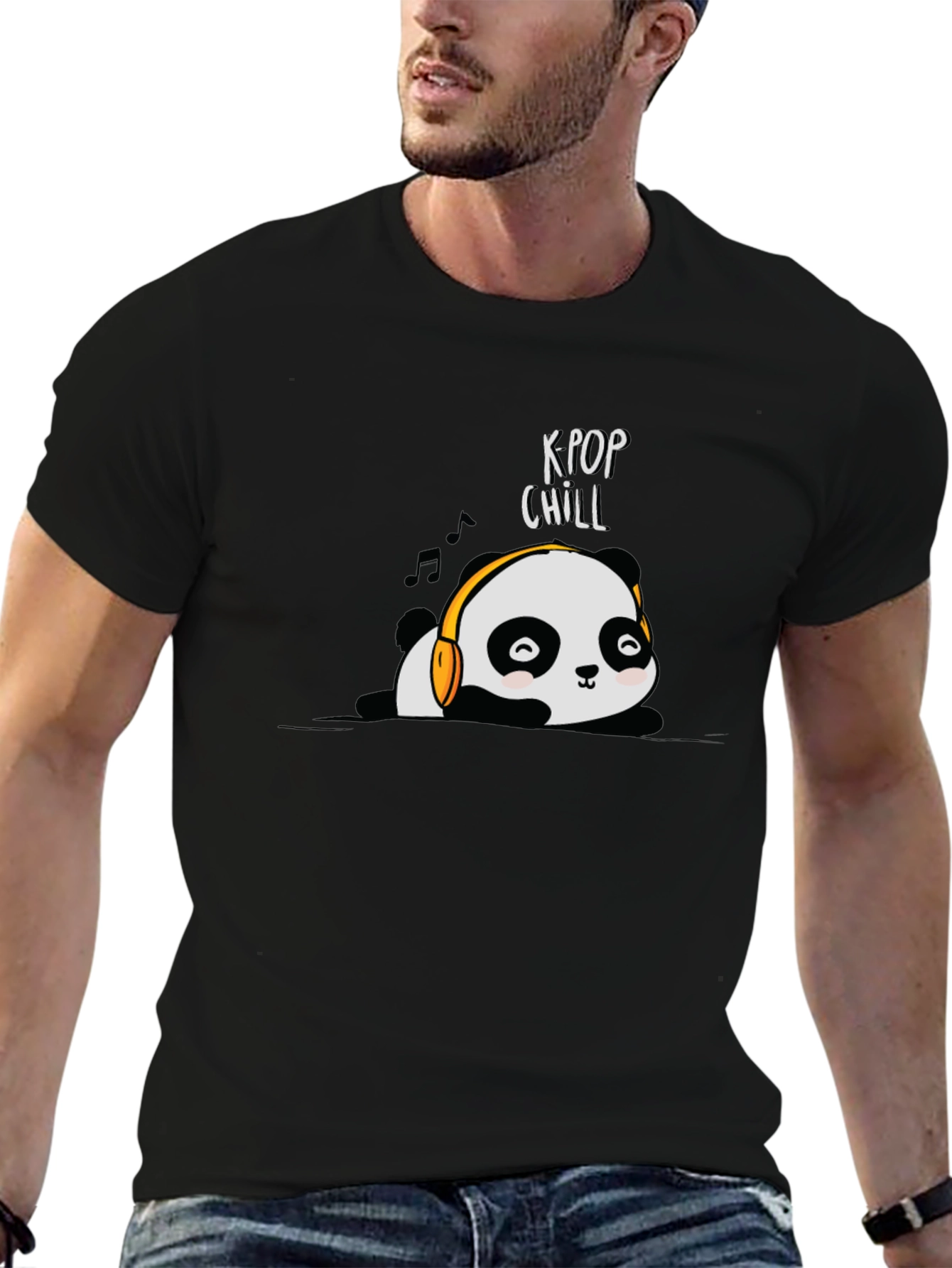 K-Pop Chill Panda Graphic T-Shirt - Black