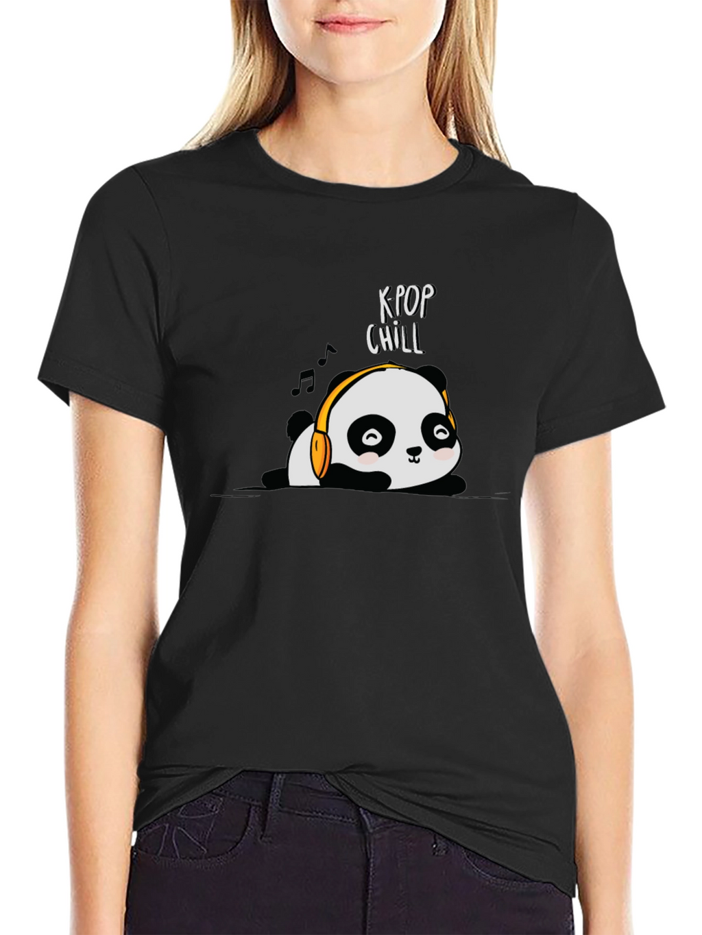 K-Pop Chill Panda Graphic T-Shirt - Black