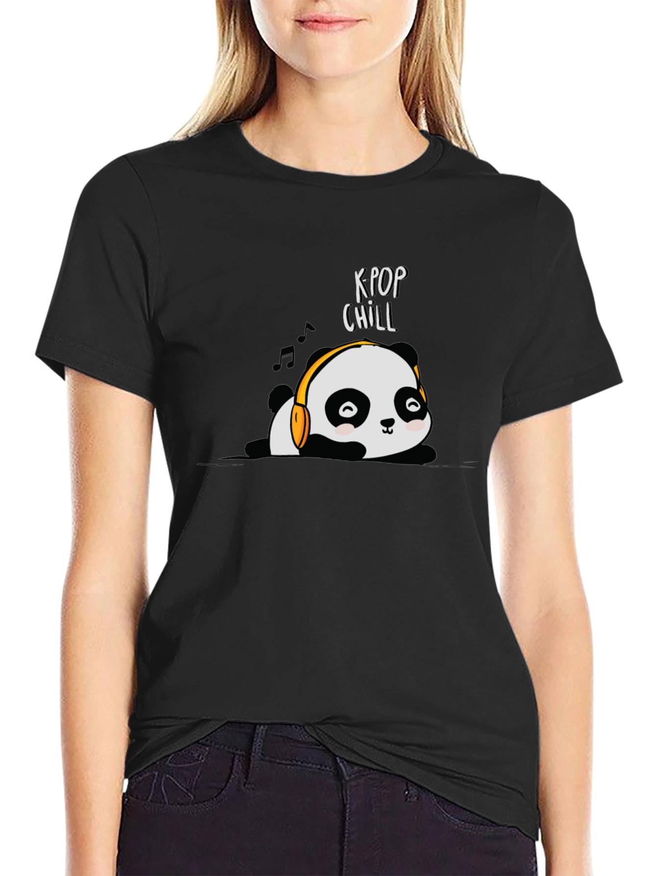 K-Pop Chill Panda Graphic T-Shirt - Black