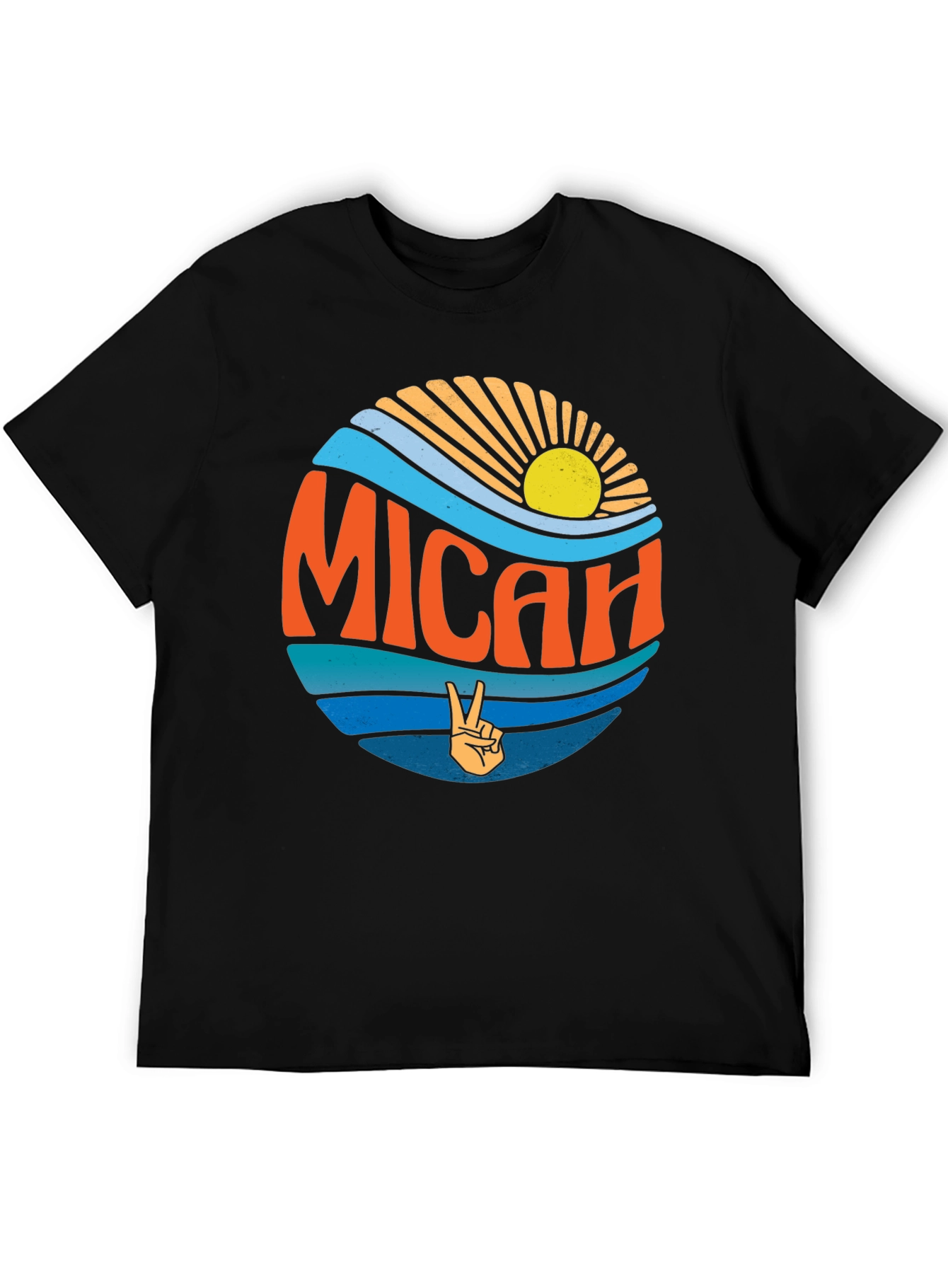 Micah T-Shirt Retro Peace Sign Sun & Waves Black Tee