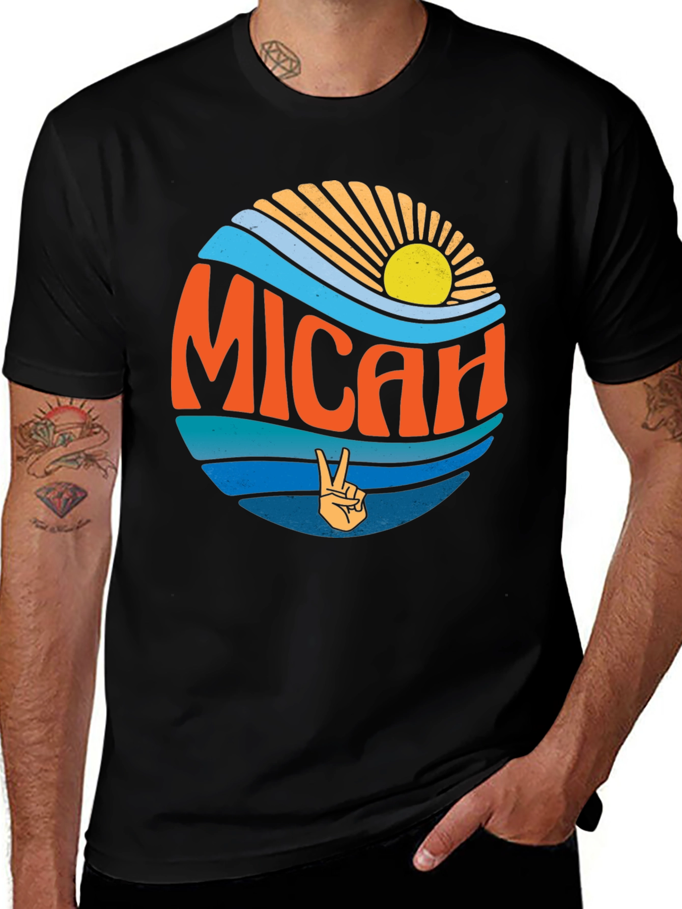 Micah T-Shirt Retro Peace Sign Sun & Waves Black Tee