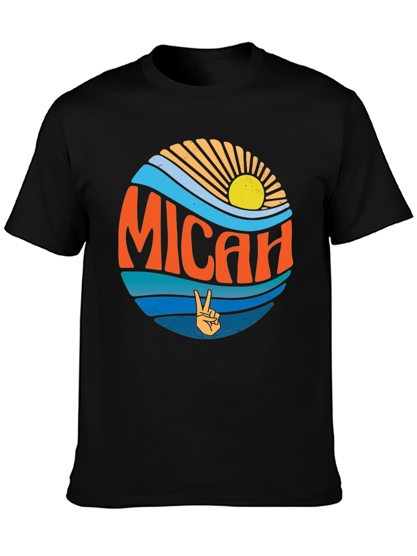 Micah T-Shirt Retro Peace Sign Sun & Waves Black Tee