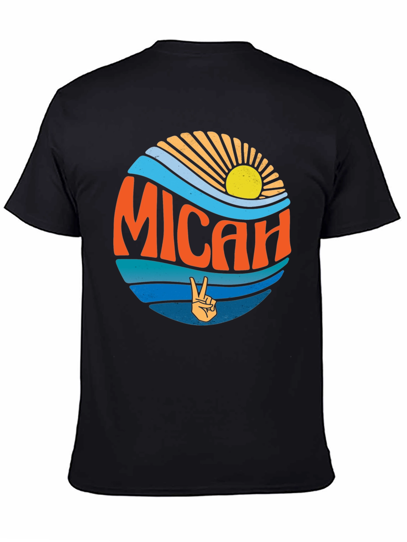 Micah T-Shirt Retro Peace Sign Sun & Waves Black Tee