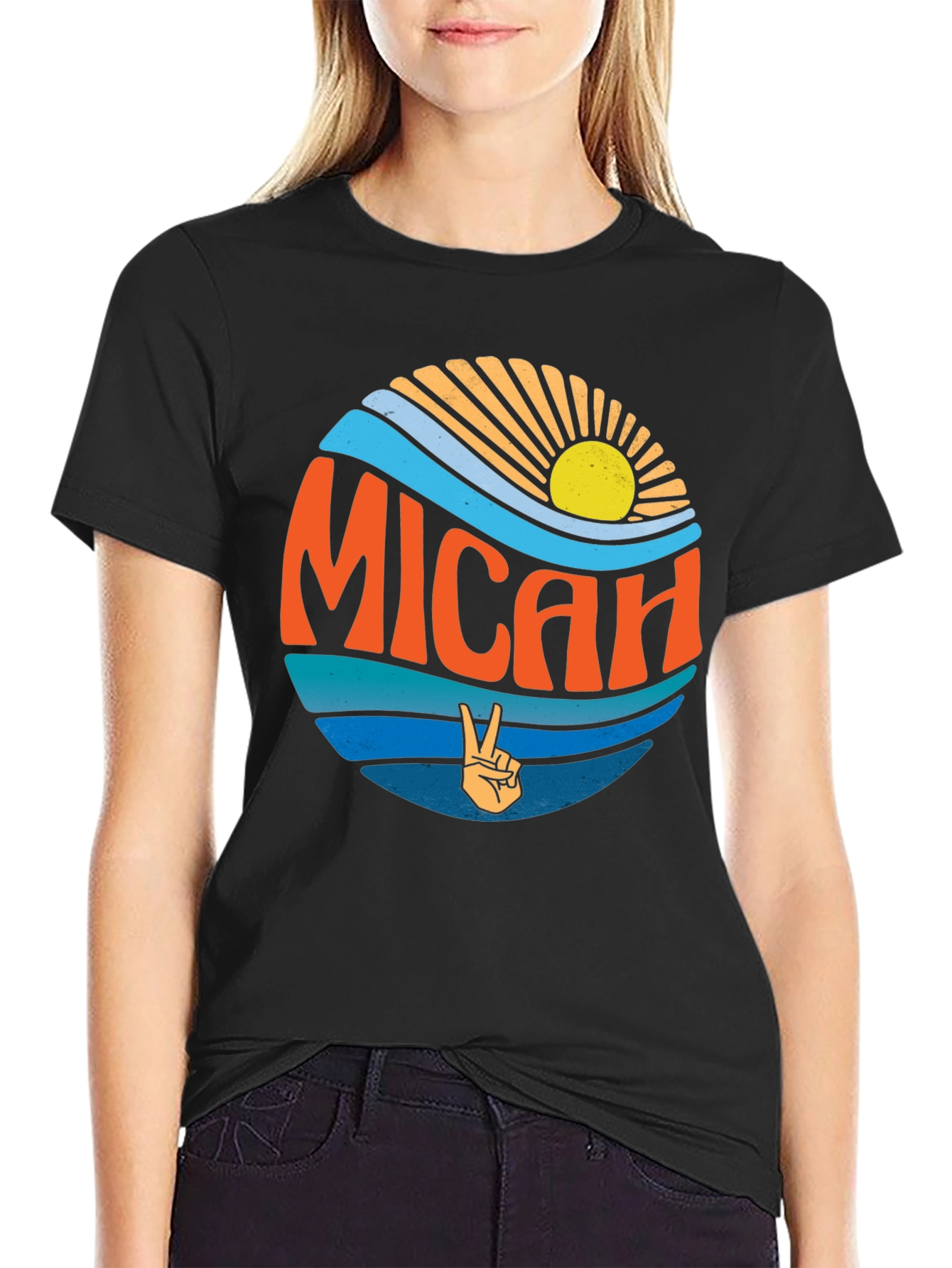 Micah T-Shirt Retro Peace Sign Sun & Waves Black Tee