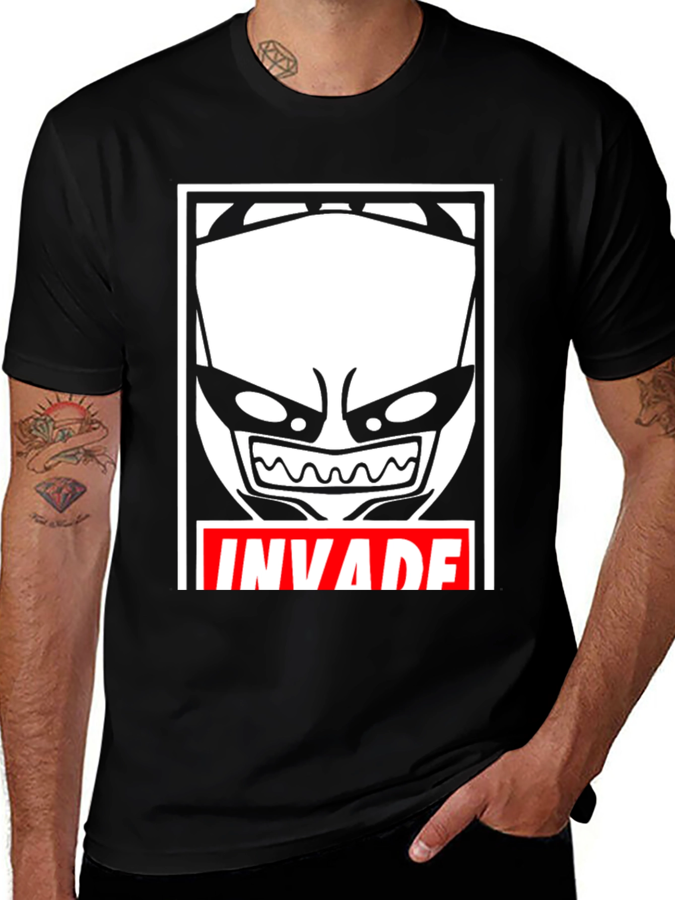 Invade Graphic Tee - Black Cotton Blend T-Shirt