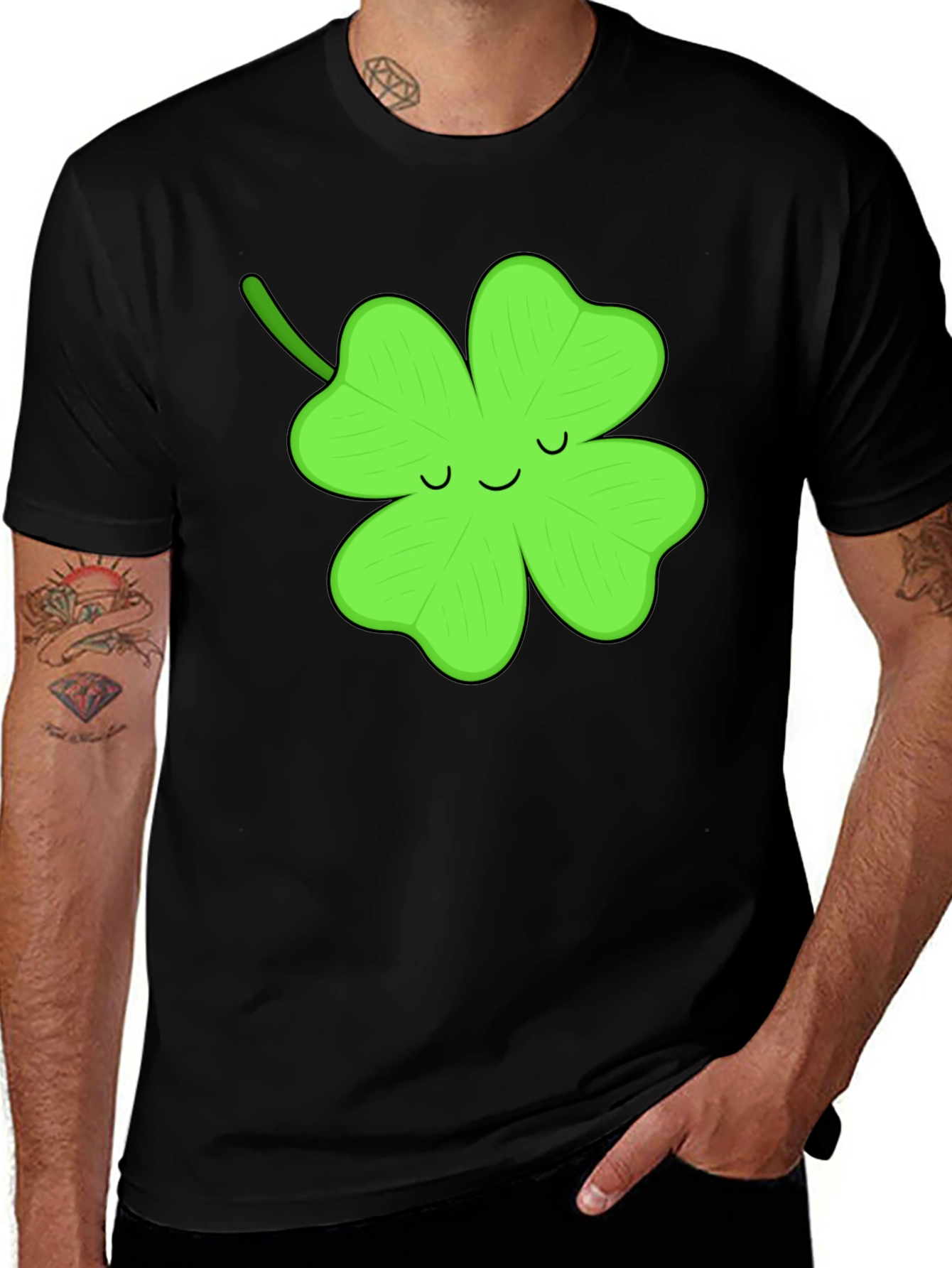 Lucky Clover Graphic Tee - Black Cotton T-Shirt