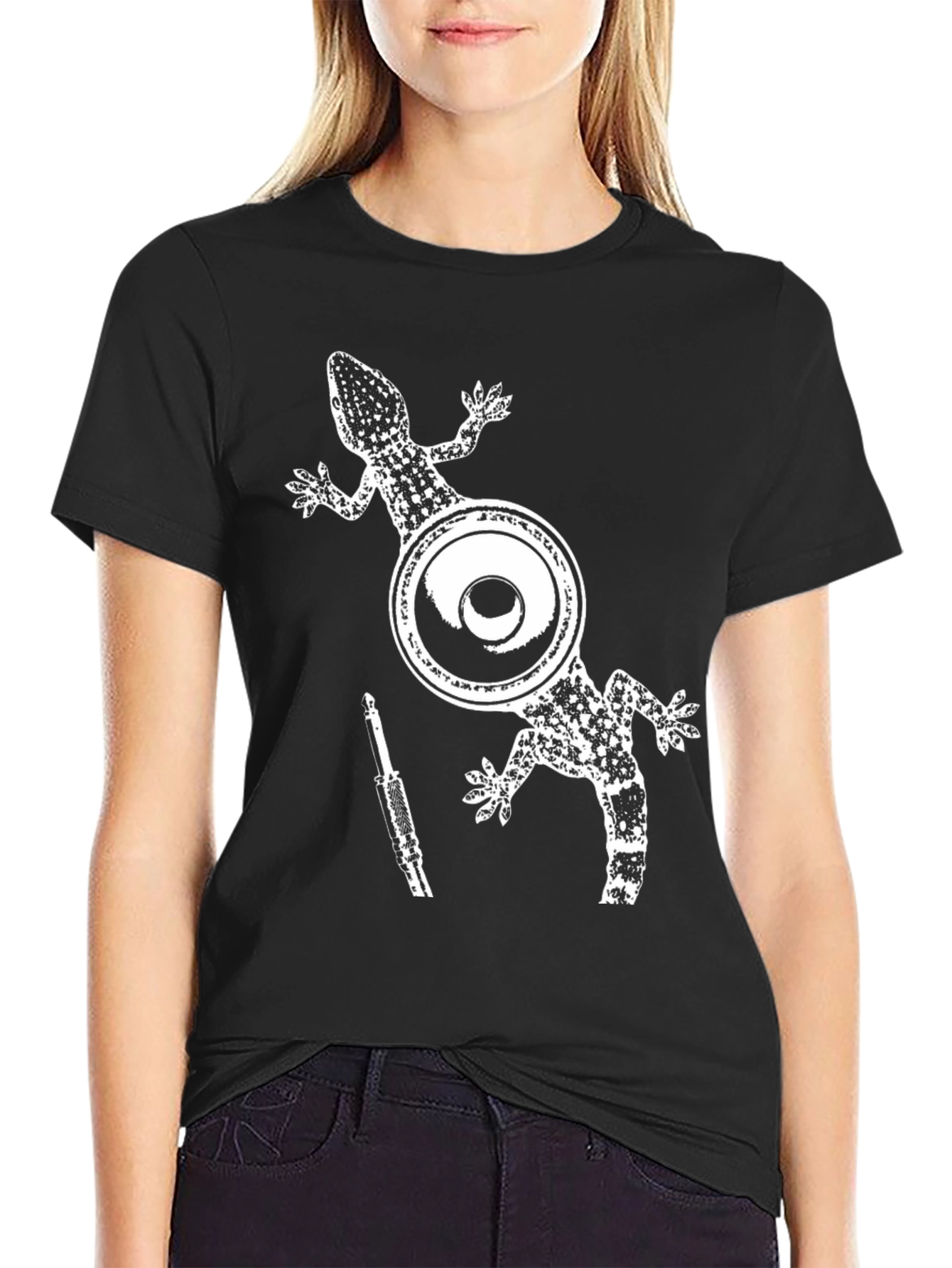 Gecko Speaker Graphic Tee - Black Cotton T-Shirt
