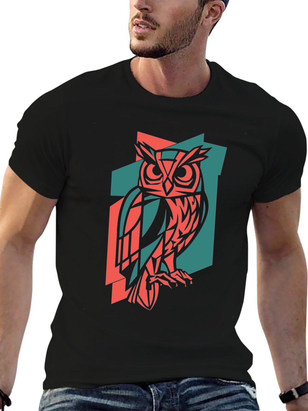 Geometric Owl Print Black T-Shirt