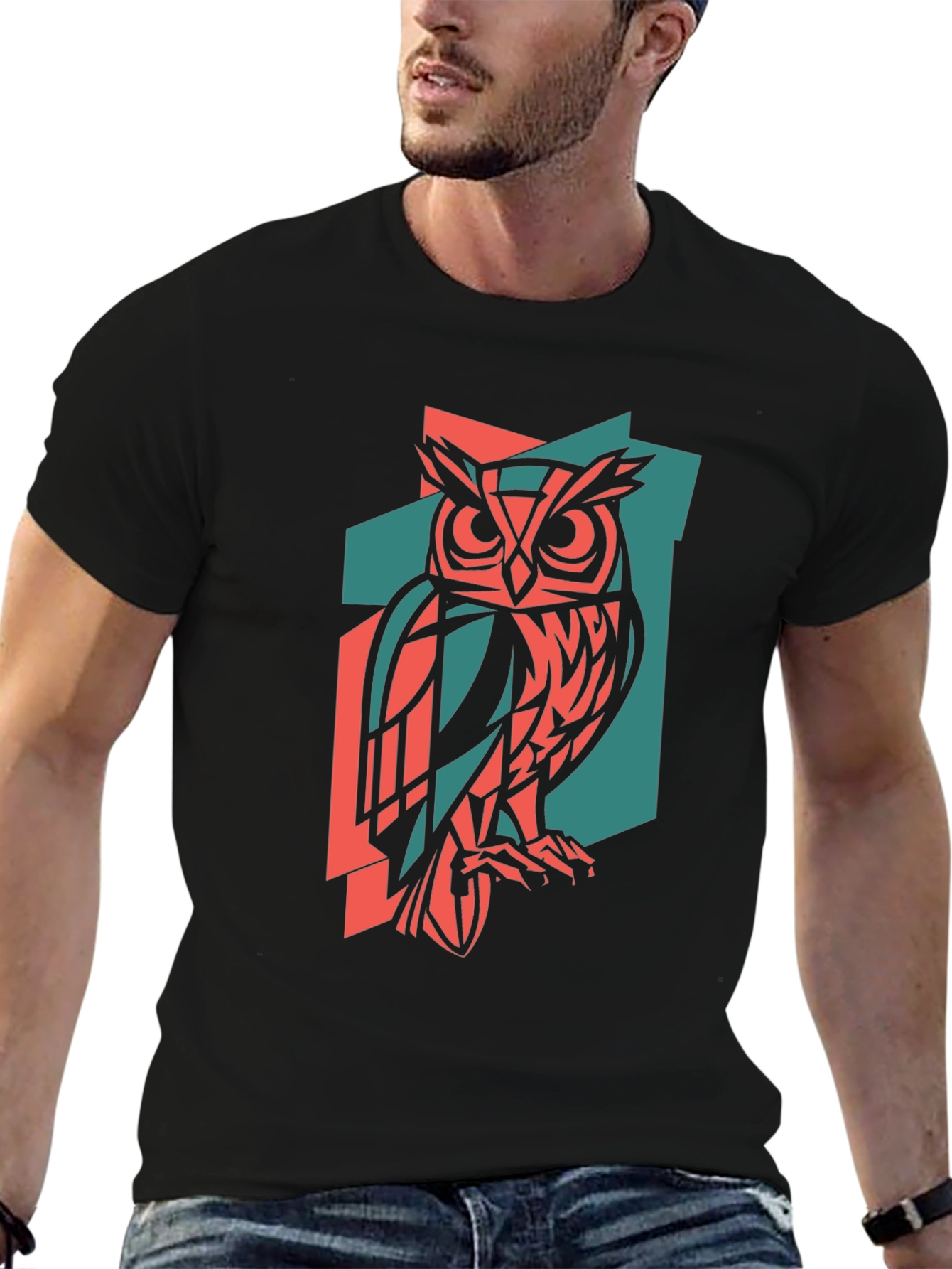 Geometric Owl Print Black T-Shirt
