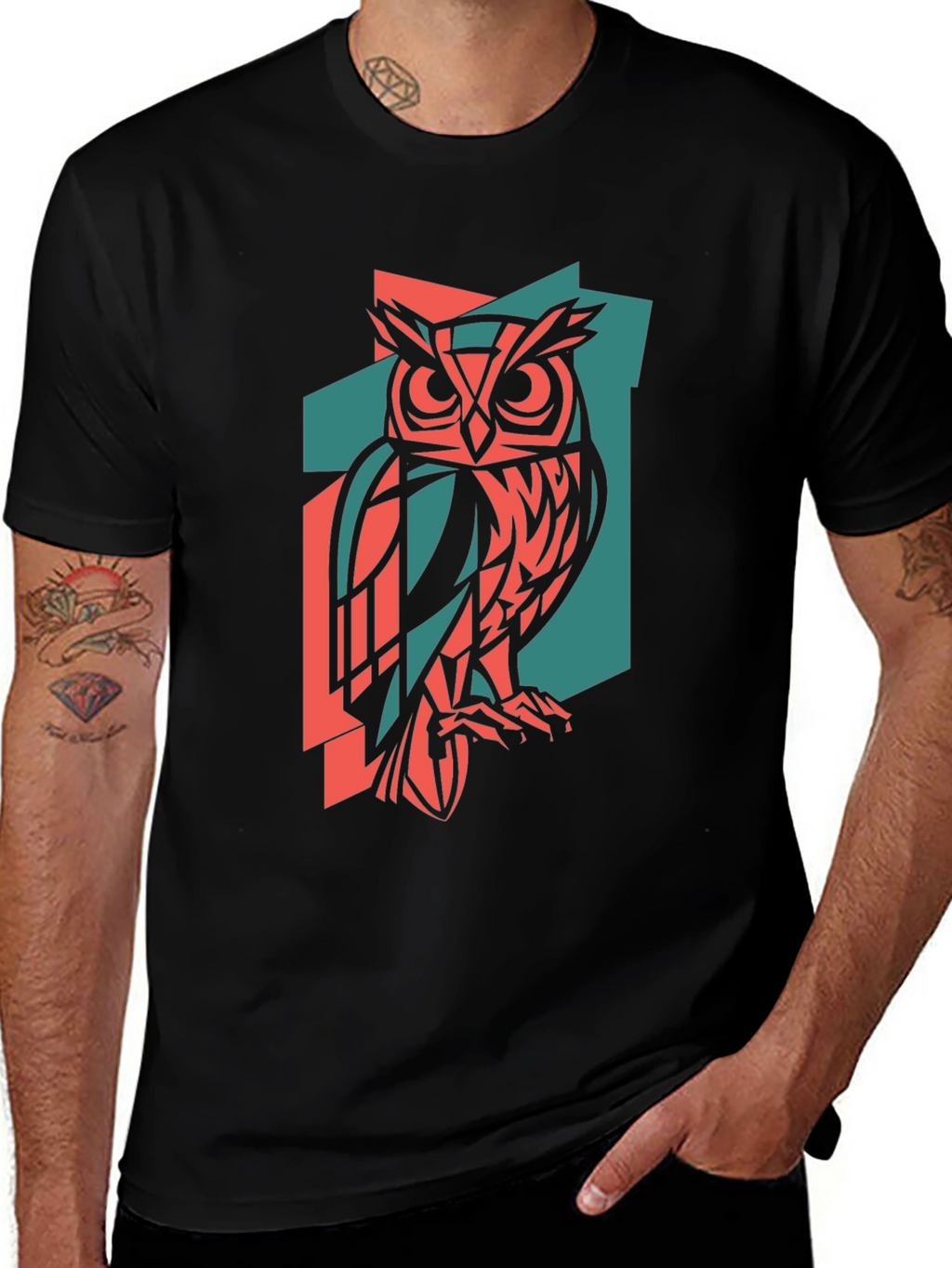 Geometric Owl Print Black T-Shirt