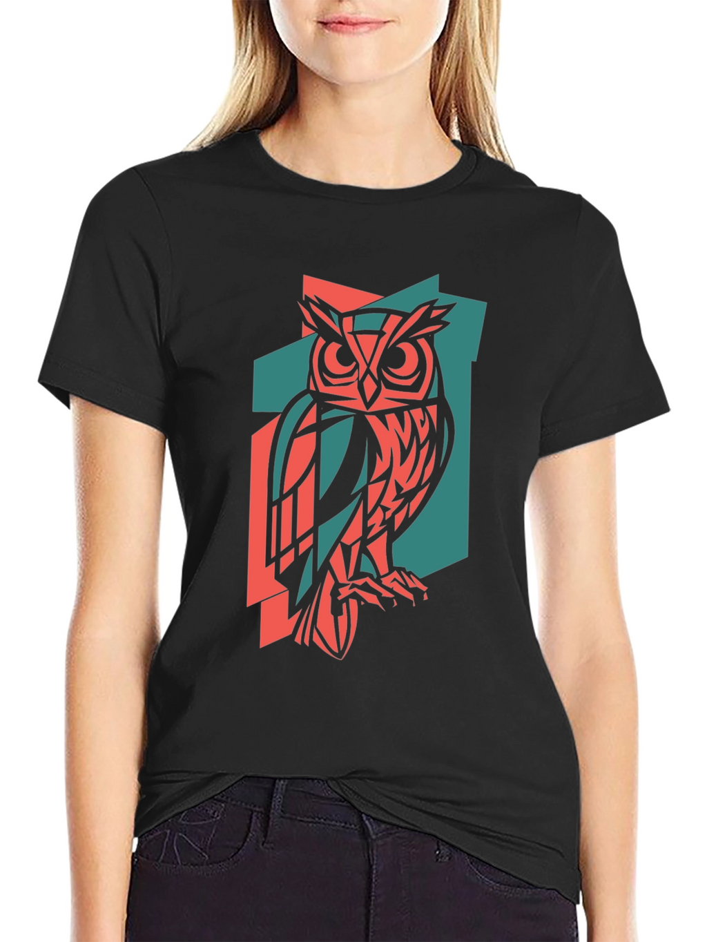 Geometric Owl Print Black T-Shirt
