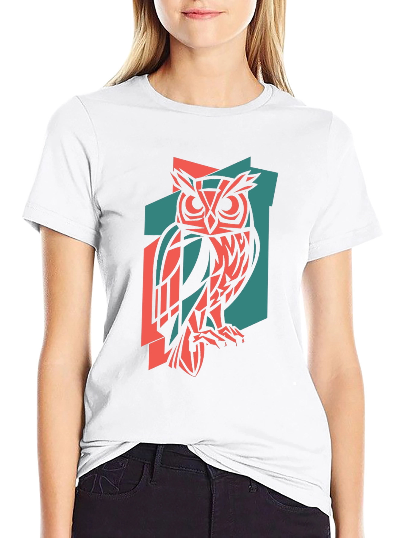 Geometric Owl Print Black T-Shirt