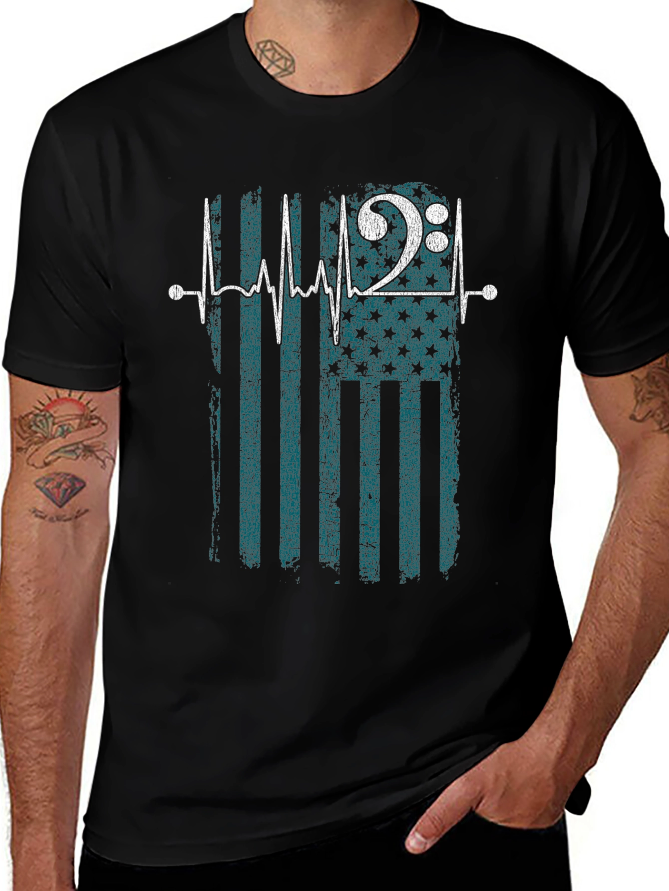 Musical Heartbeat USA Flag Mens Black T-Shirt