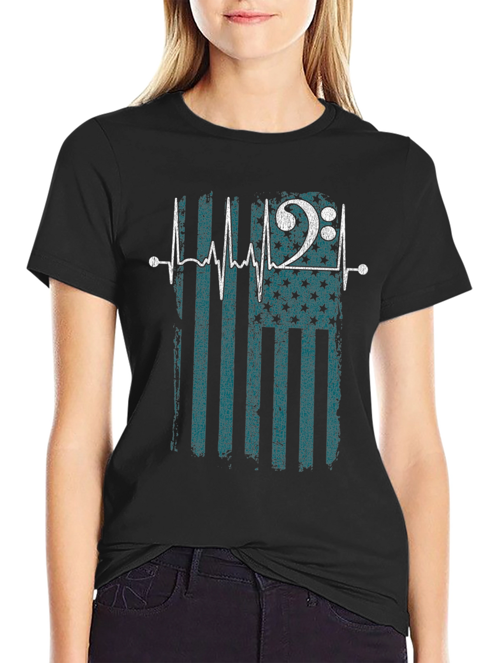Musical Heartbeat USA Flag Mens Black T-Shirt