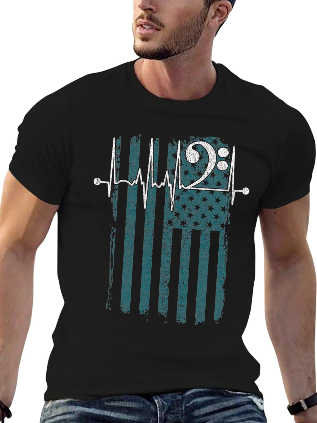 Musical Heartbeat USA Flag Mens Black T-Shirt