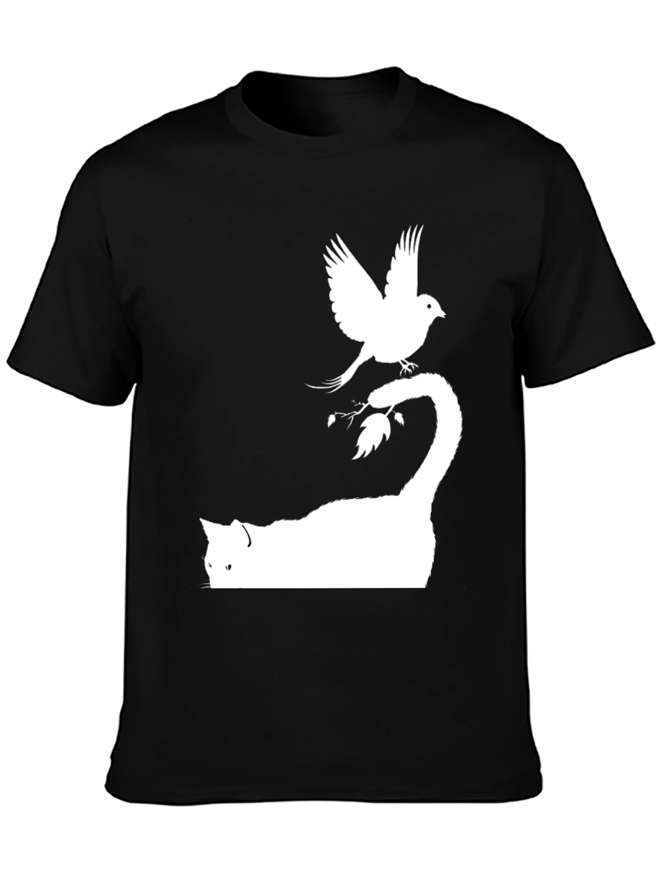 Cat & Bird Graphic Tee - Cool Mens Black T-Shirt
