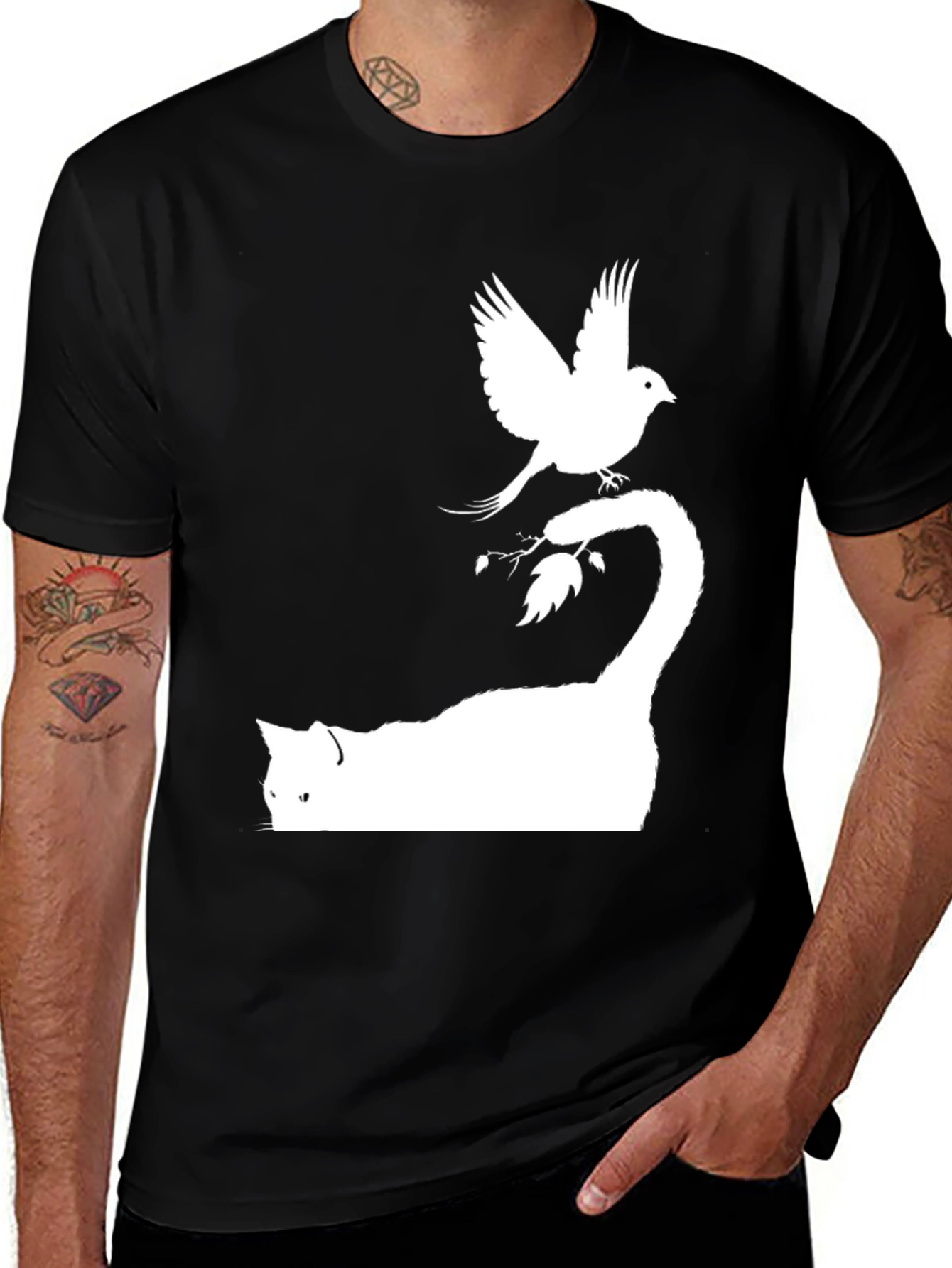 Cat & Bird Graphic Tee - Cool Mens Black T-Shirt