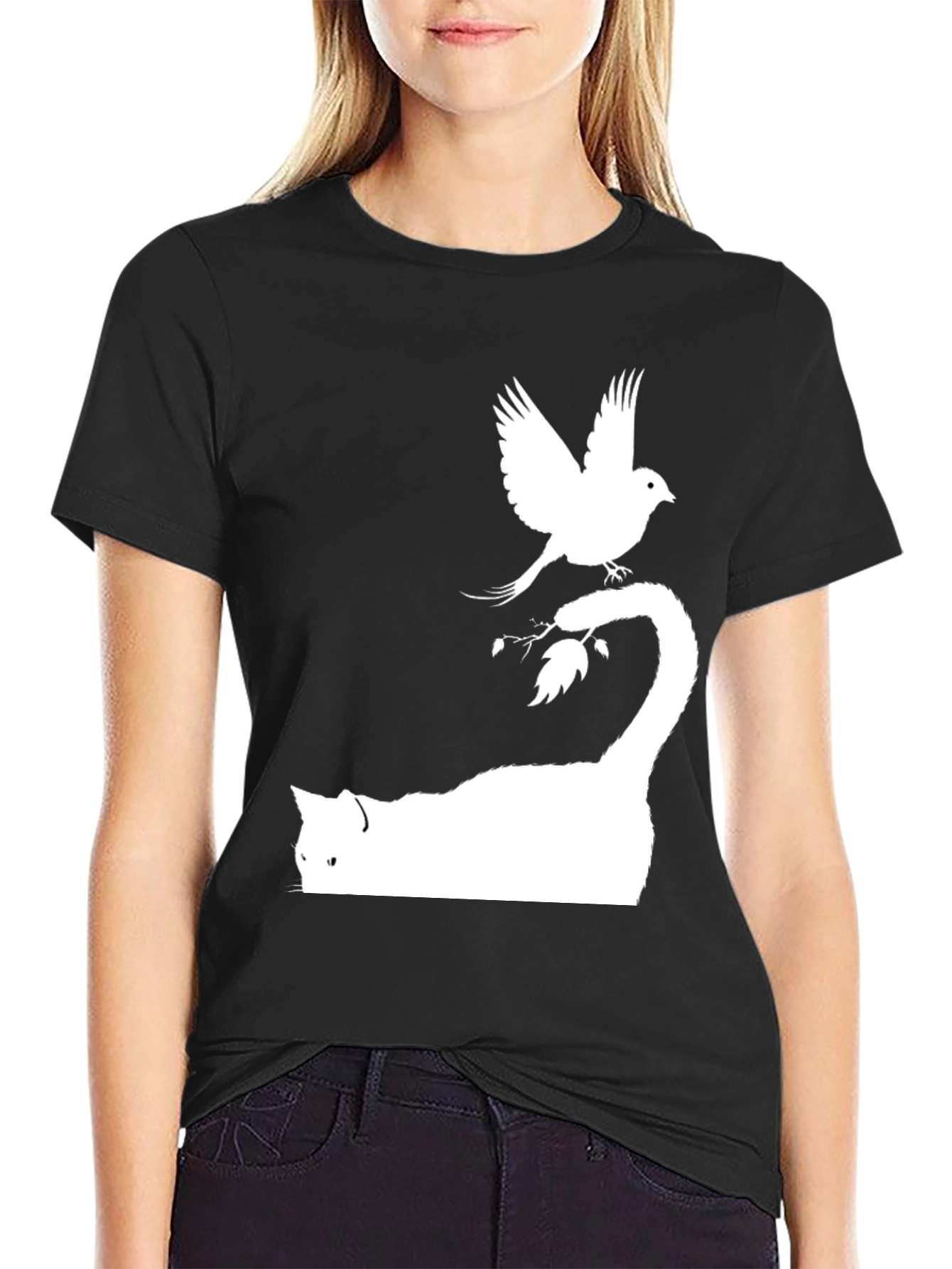 Cat & Bird Graphic Tee - Cool Mens Black T-Shirt