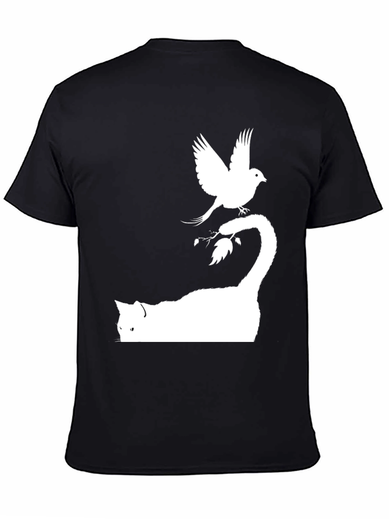 Cat & Bird Graphic Tee - Cool Mens Black T-Shirt
