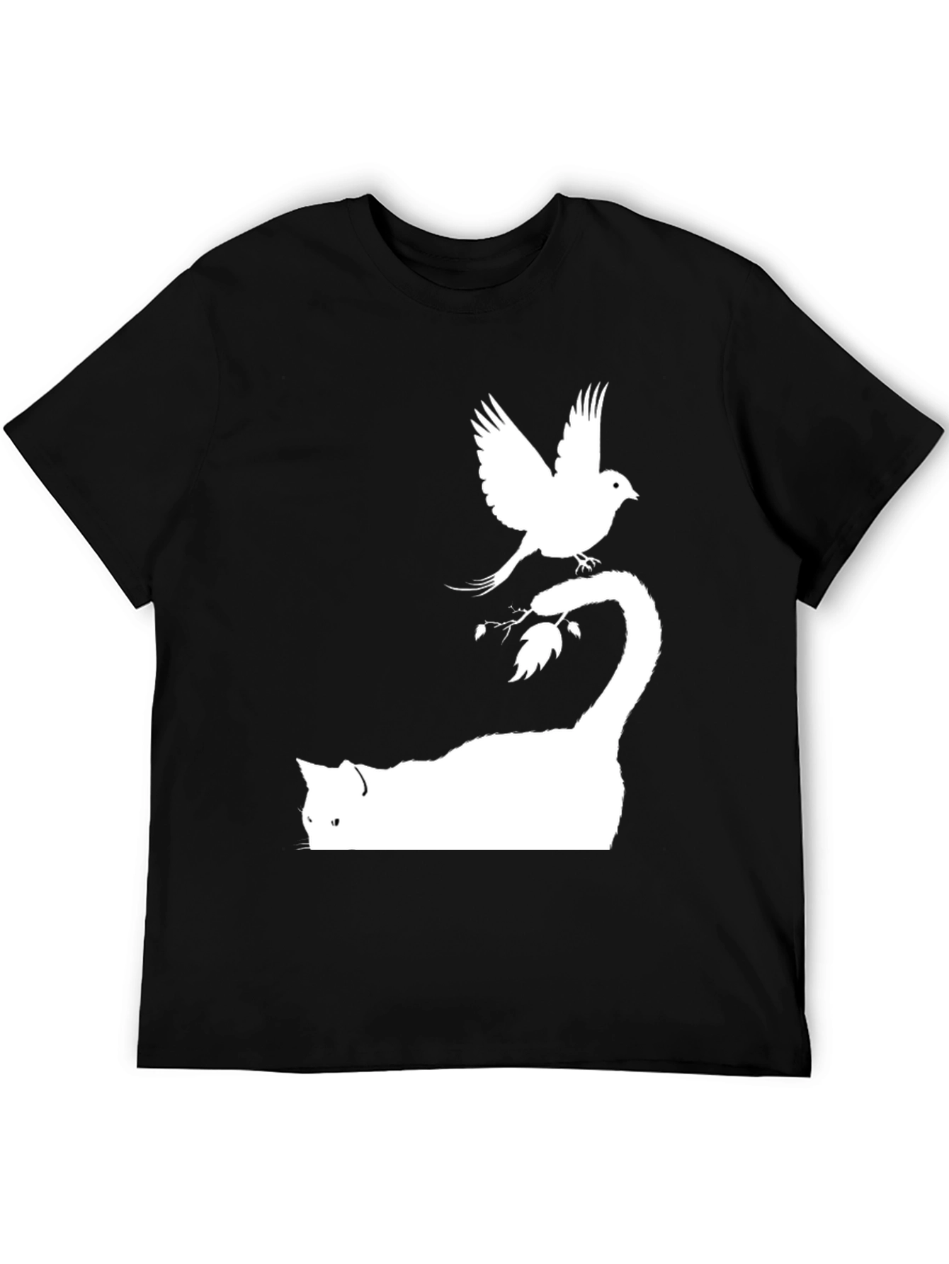 Cat & Bird Graphic Tee - Cool Mens Black T-Shirt