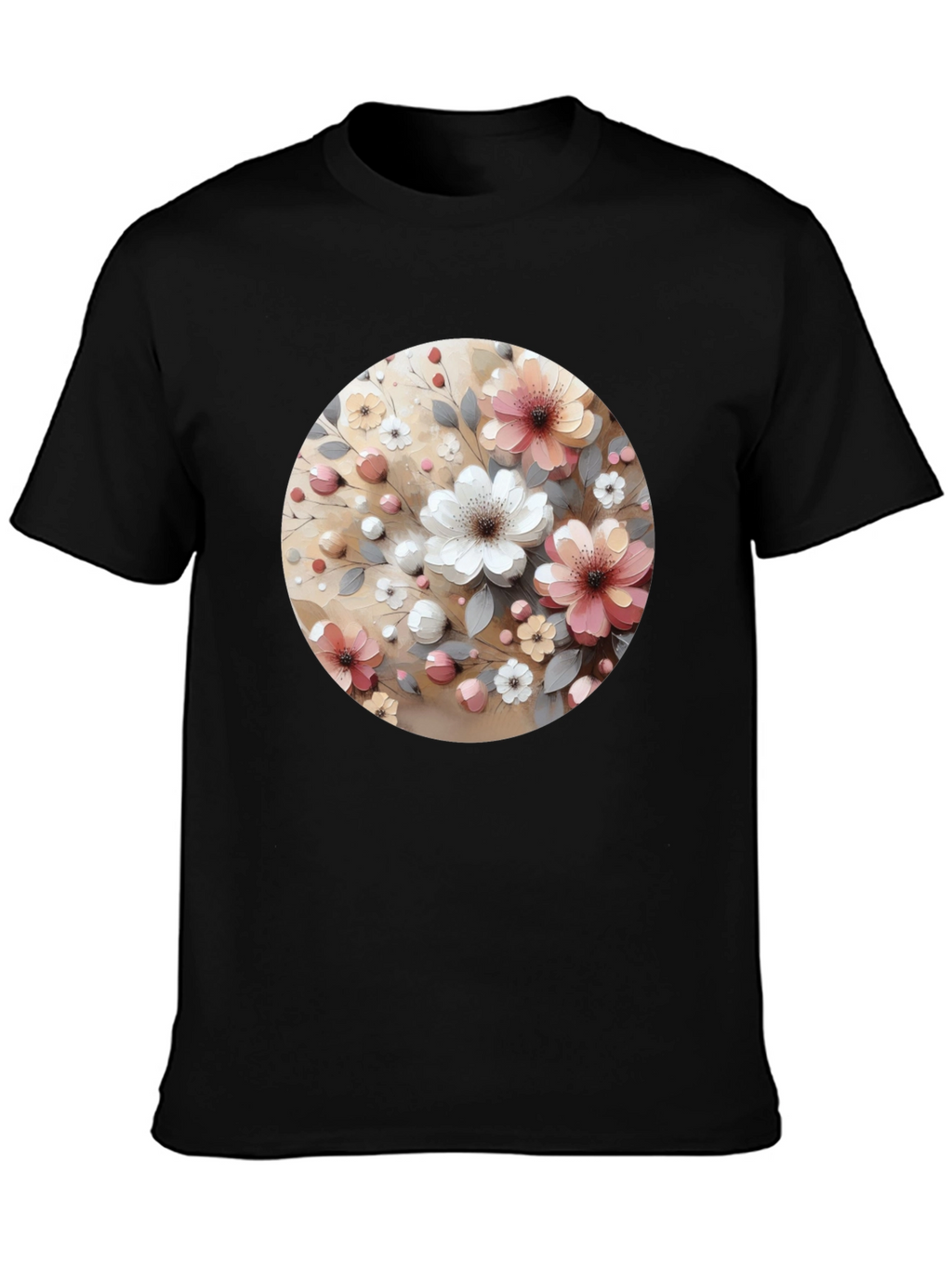 Floral Circle Print Black Casual Tee