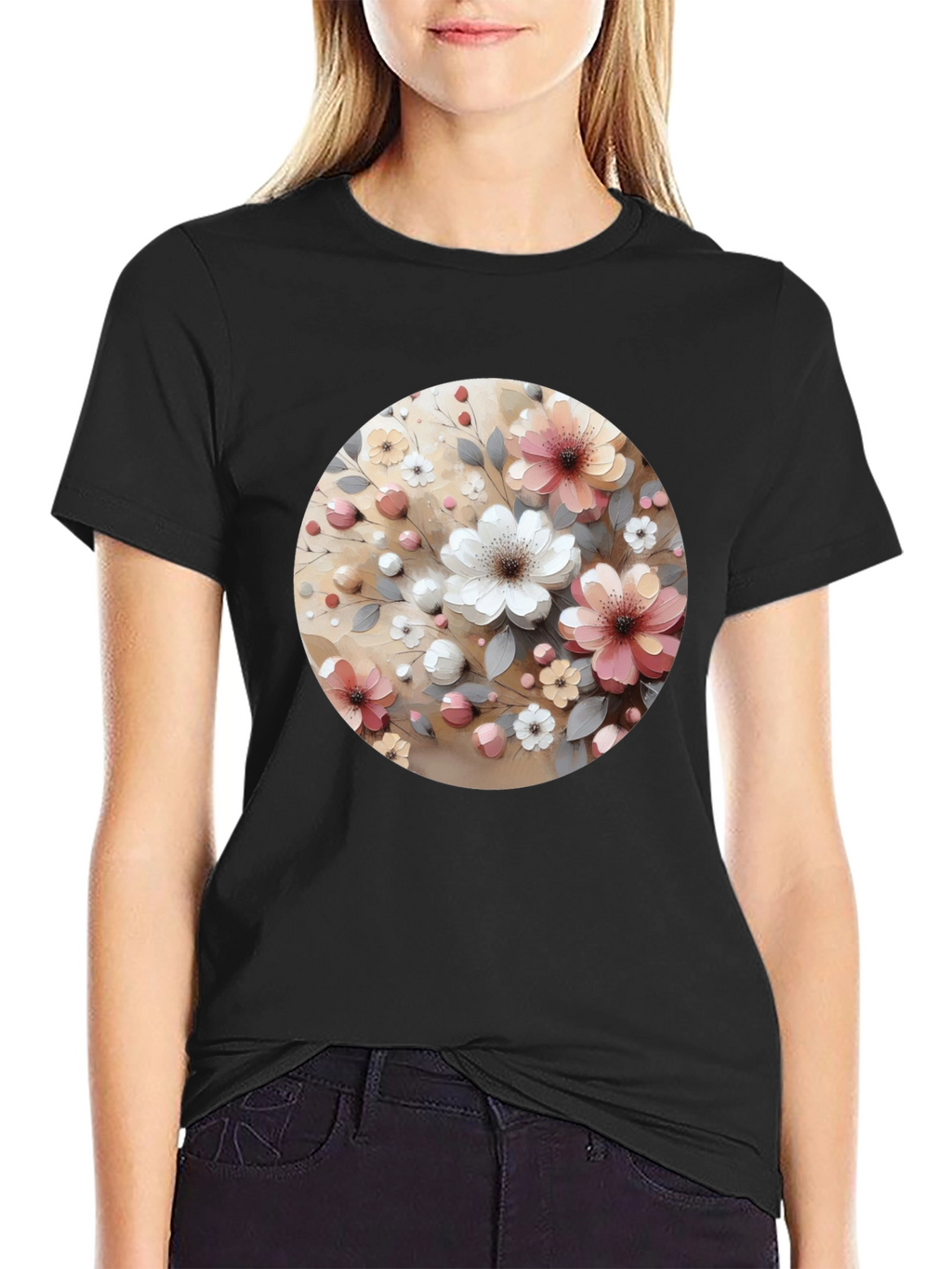 Floral Circle Print Black Casual Tee