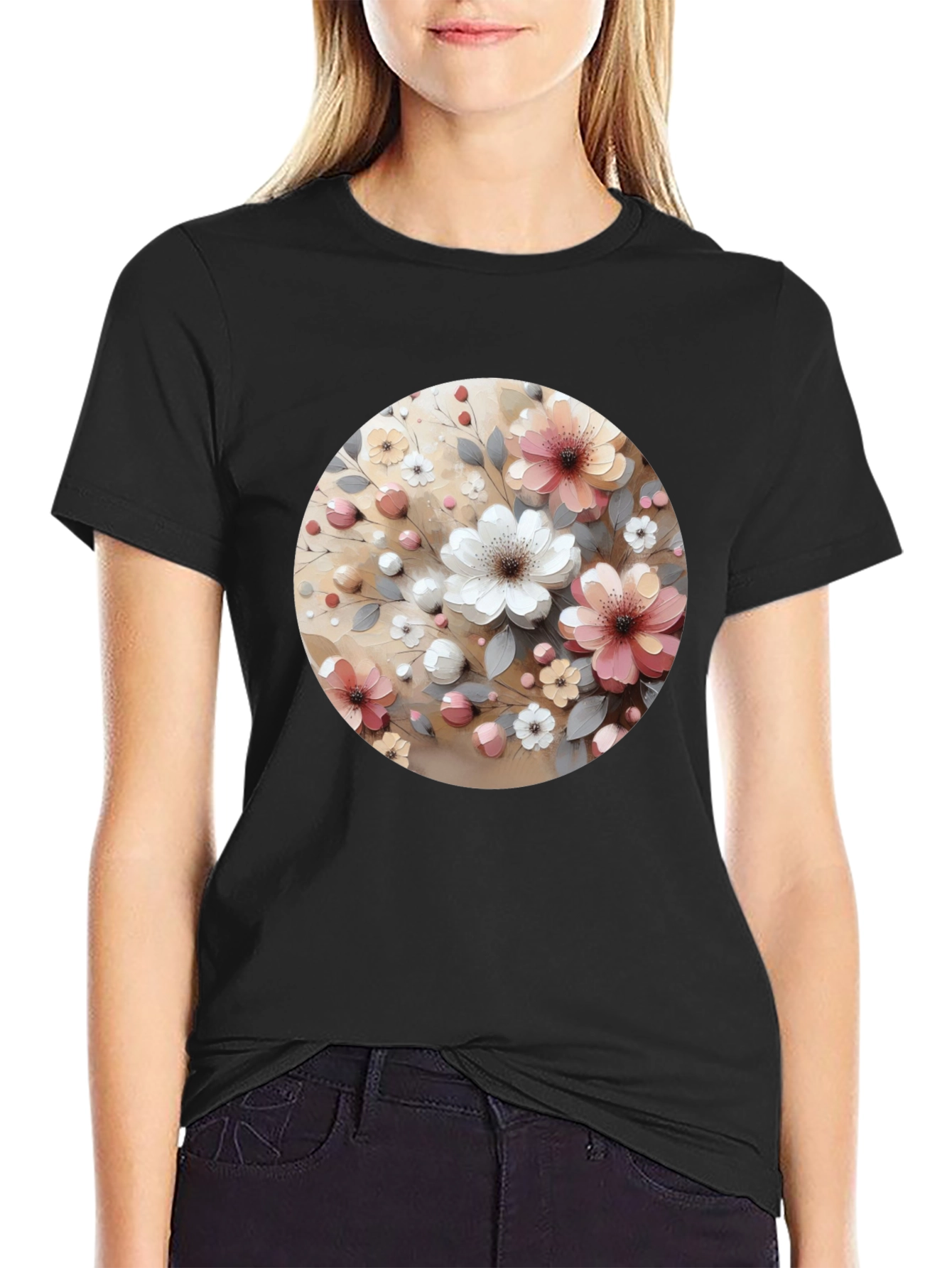 Floral Circle Print Black Casual Tee