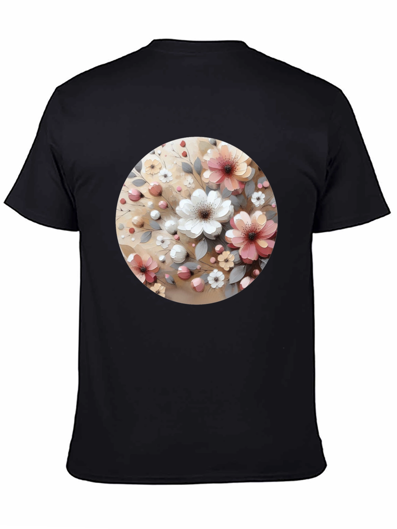 Floral Circle Print Black Casual Tee
